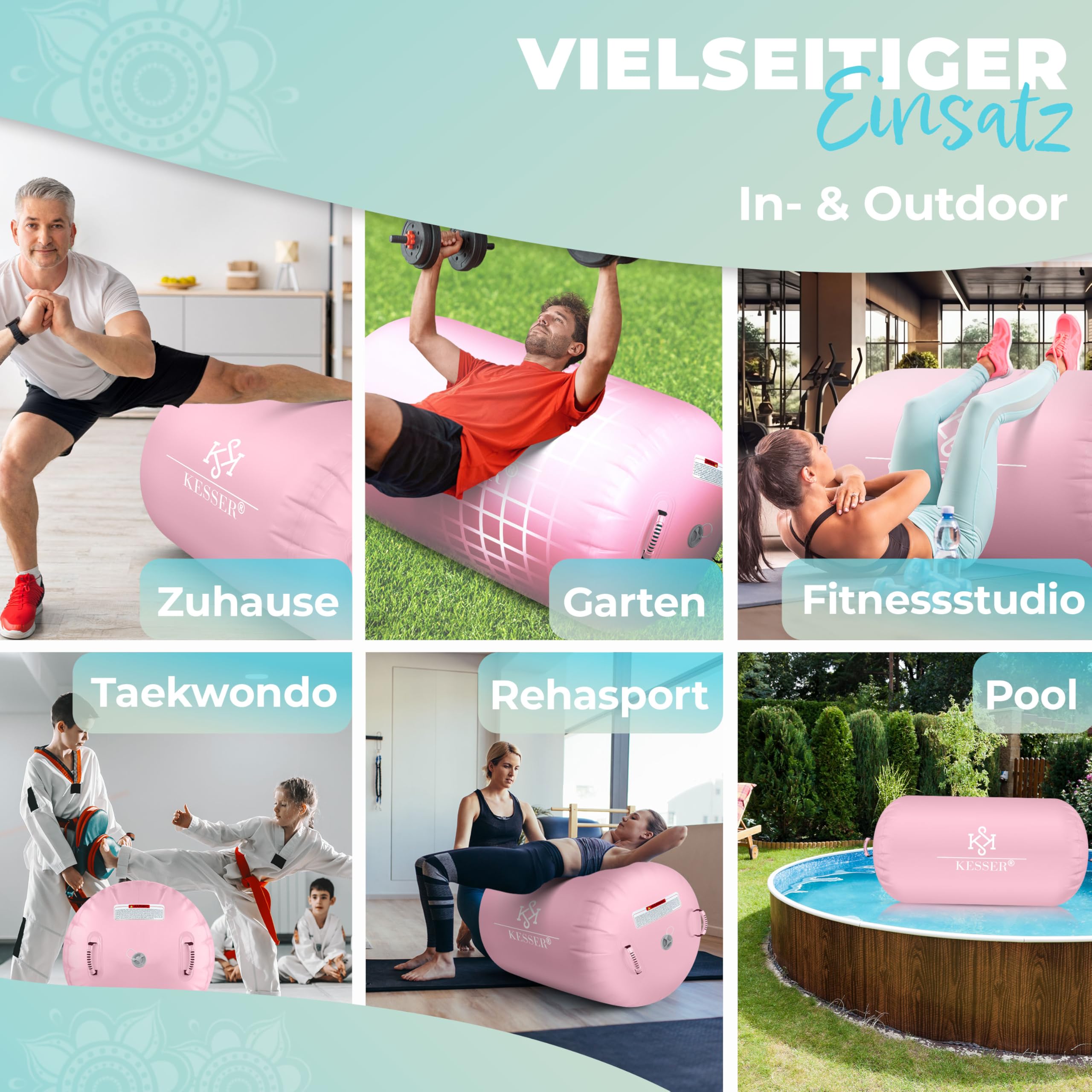 KESSER® Air Roll Airtrack, rullo gonfiabile, per ginnastica, con borsa per il trasporto e pompa ad aria, a barile, per la ginnastica, per lo yoga, per il fitness,