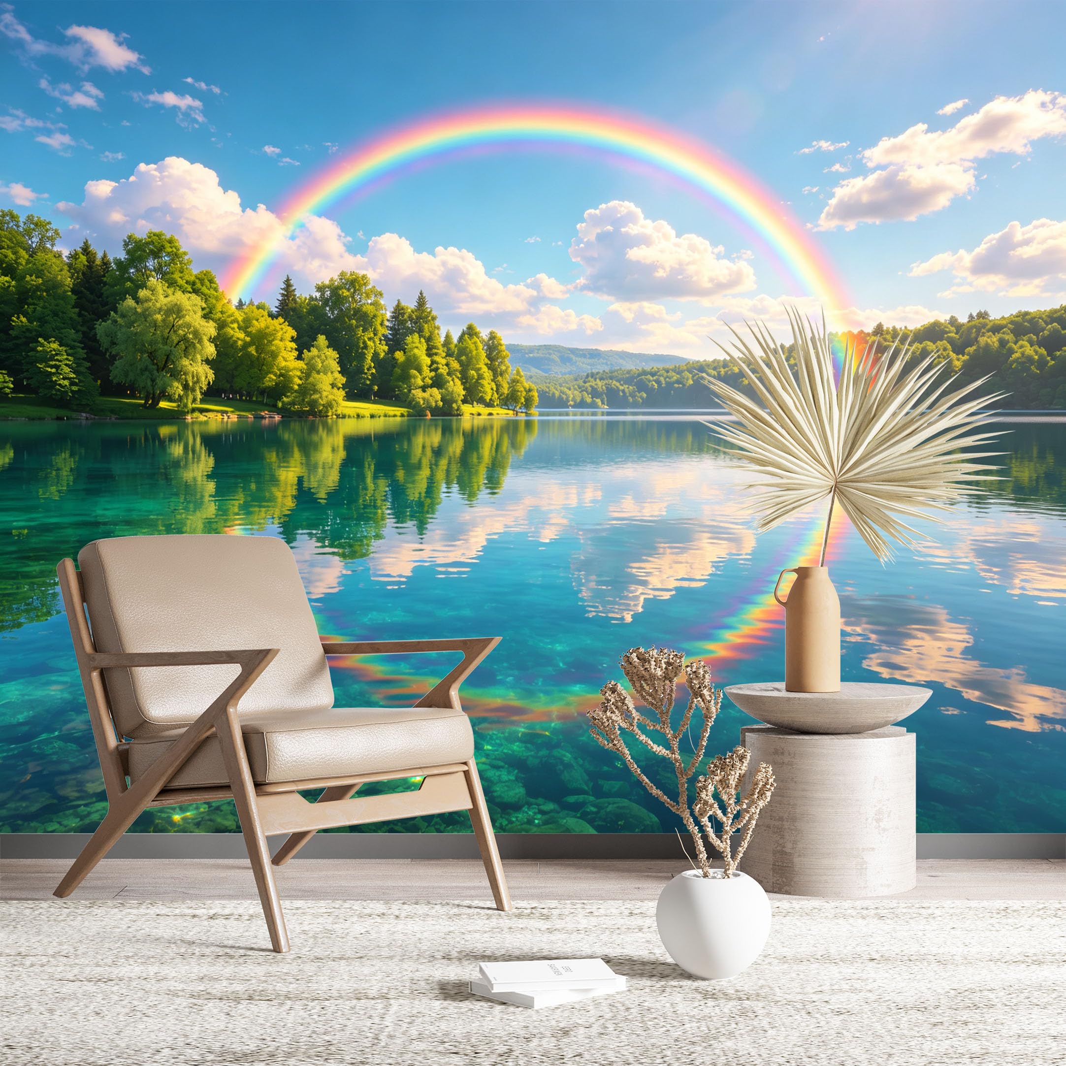 Custom Size Wall Murals Rainbow Over Lake Wall Murals Nature Wallpaper Full Wall Self-Adhesive Removable Wallpaper for Living Room Bedroom