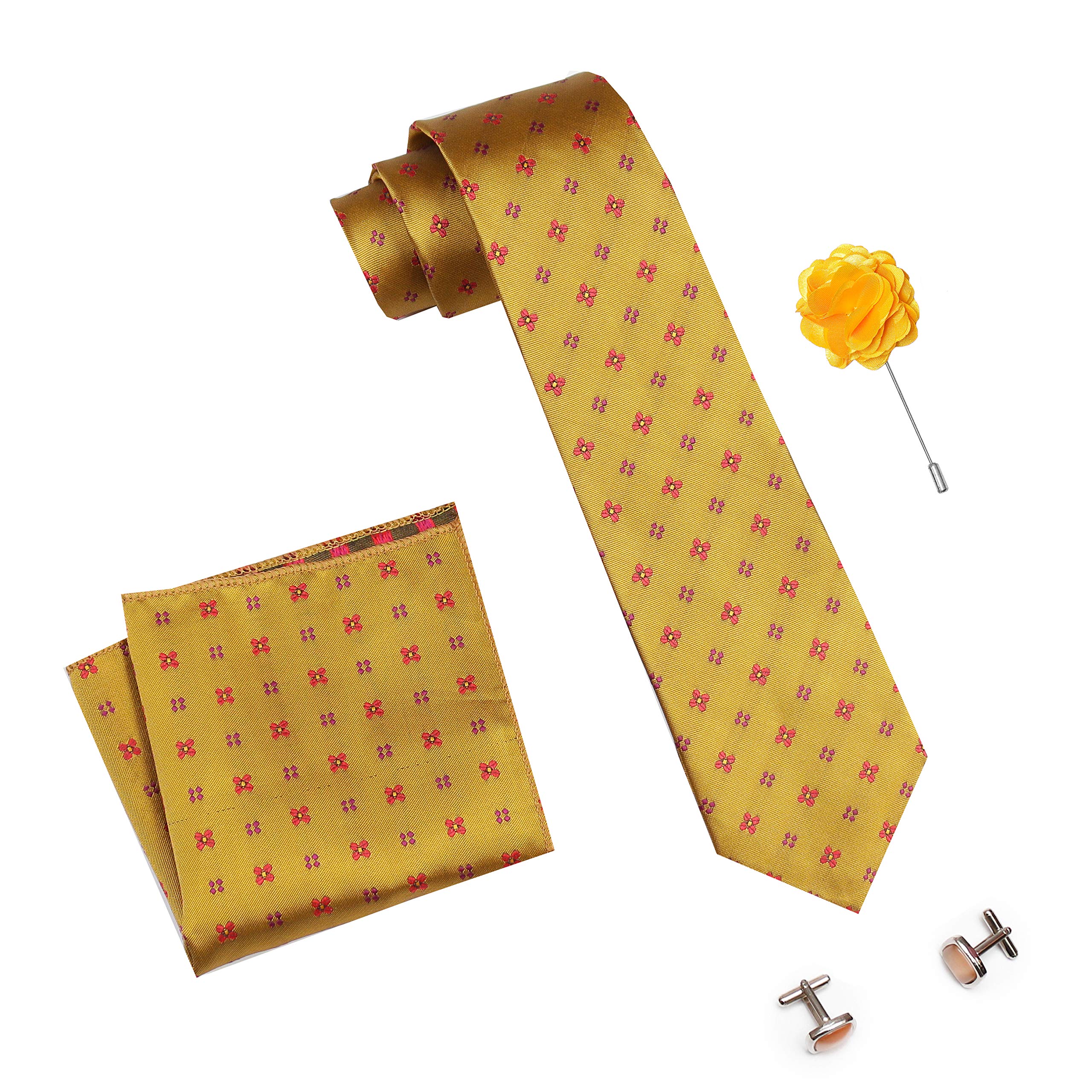 Tie for Men – Dotted Silk Neck Ties Set with Cufflinks Flower Pin, Pocket Square & Black Gift Box, Combo Necktie Sets for Office Wear, Formal Suits & Weddings (0, TieVar16)-image-23