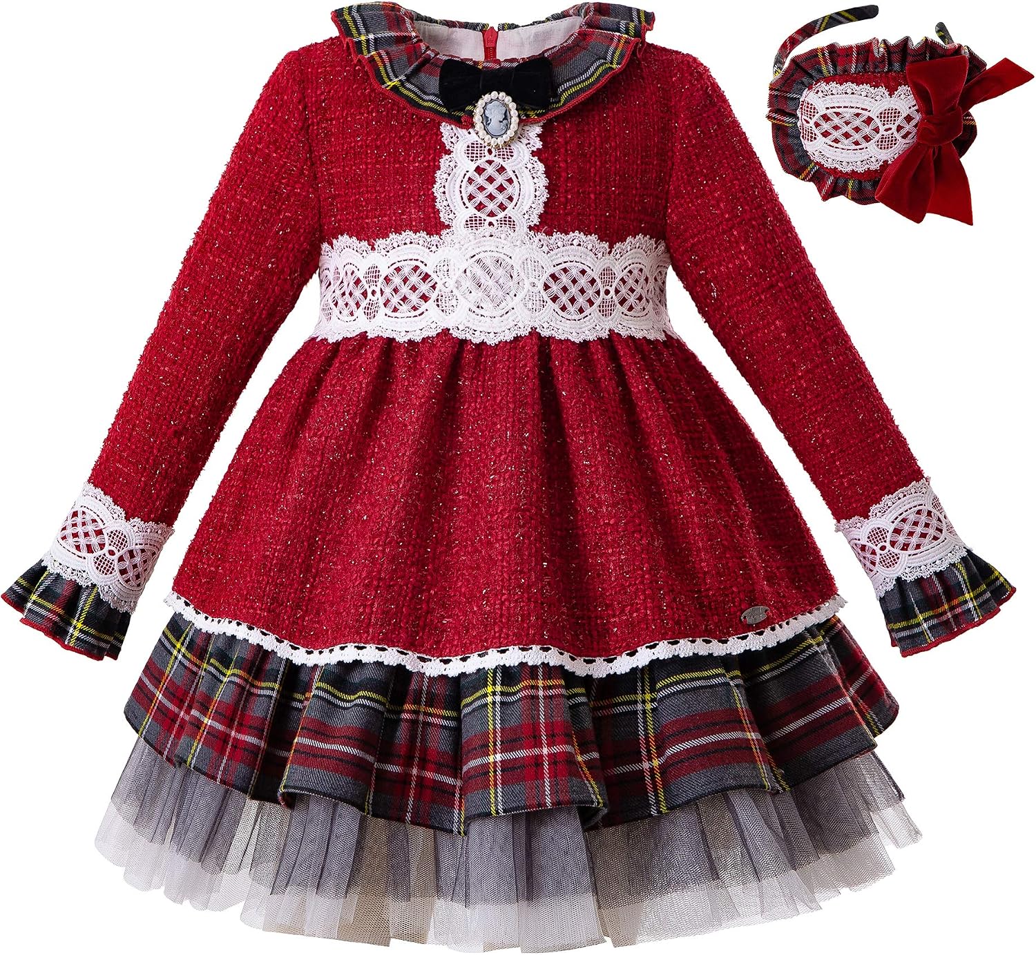 Pettigirl Casual Red Clothing Set for Girls Grid Lace Girls Dress with Headwear