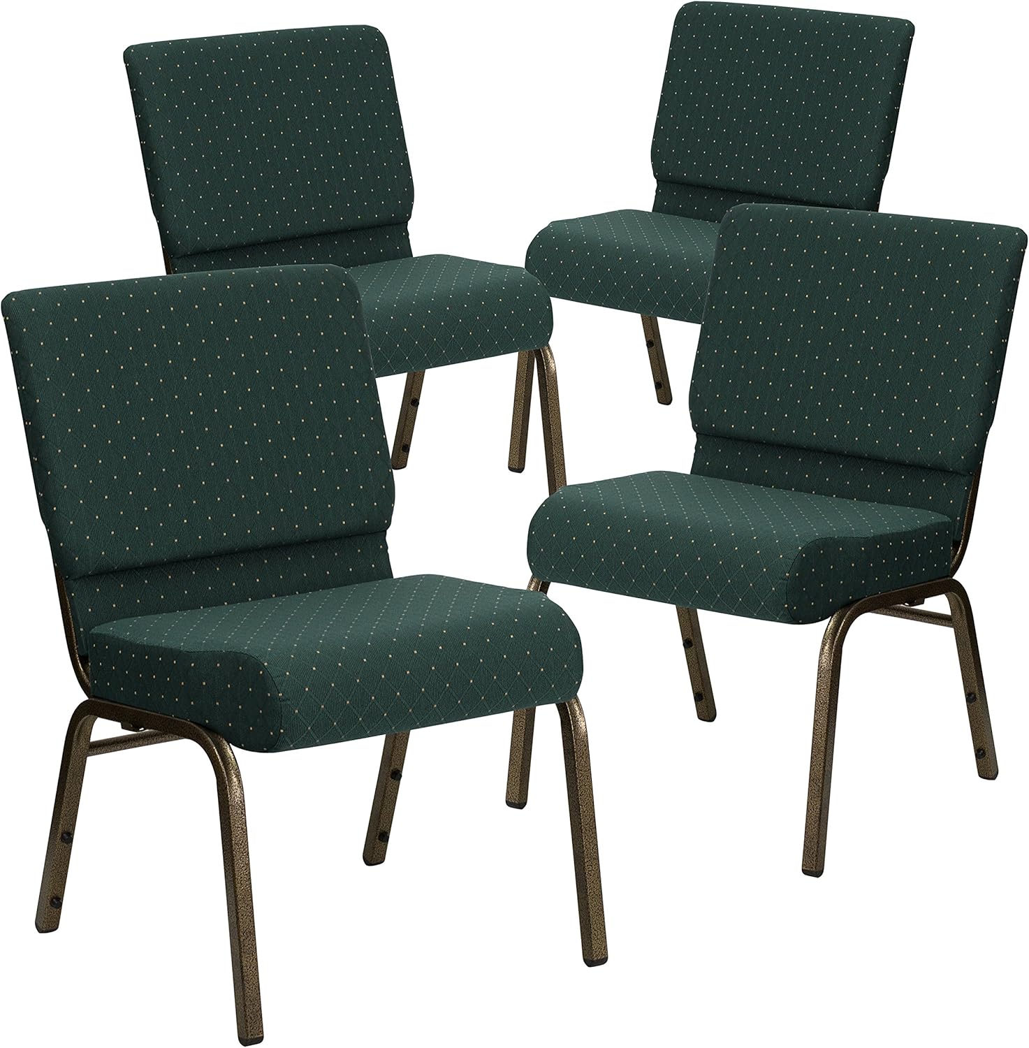 Flash Furniture 4 Pack HERCULES Series 21''W Stacking Church Chair in Hunter Green Dot Patterned Fabric - Gold Vein Frame