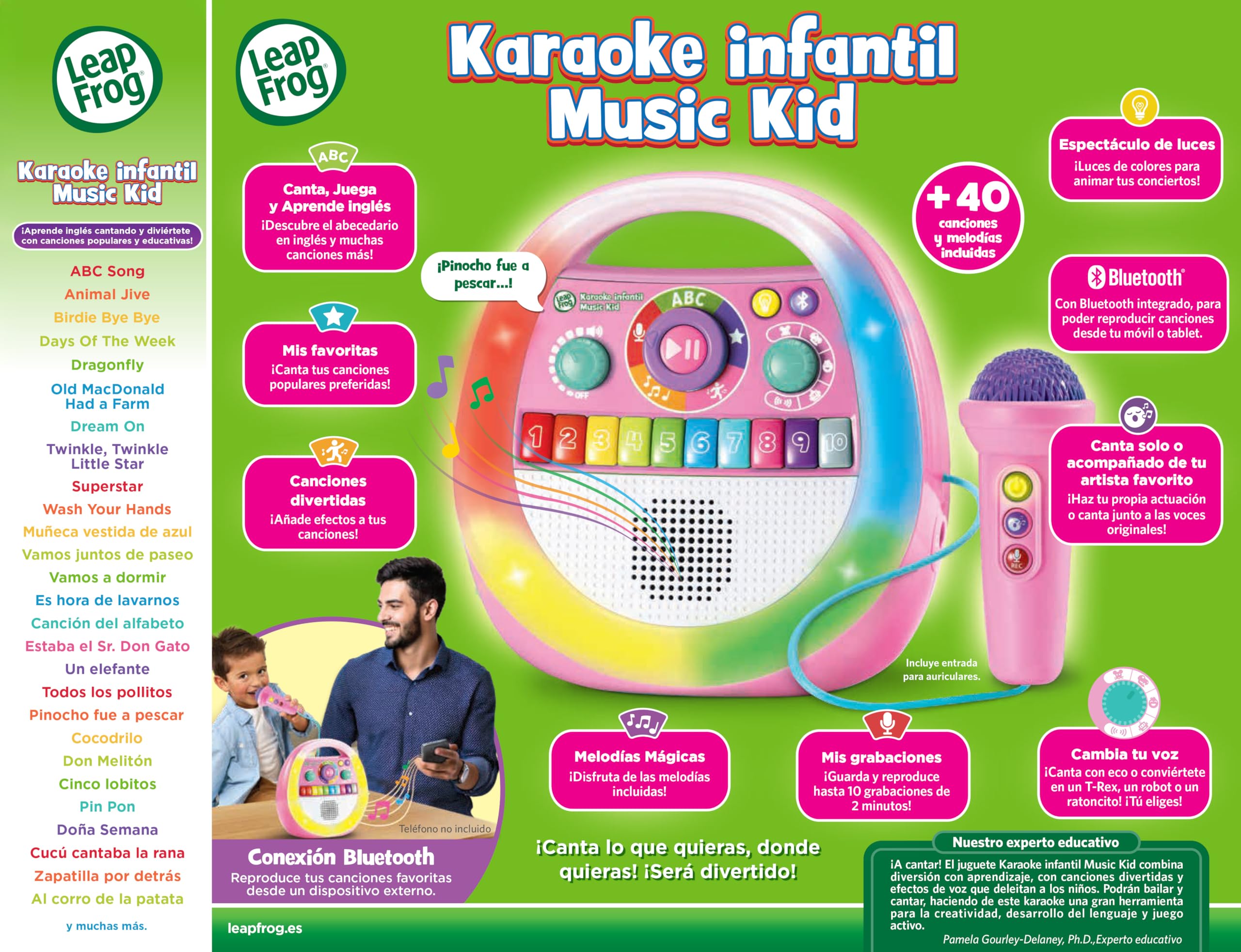 Leapfrog VTech Music Kids Karaoké pour Enfants à partir de 2 Ans, Bluetooth, Haut-Parleur interactif, poignée Portable, + 40 chansons et mélodies, enregistreur et Effets vocaux, Version ESP