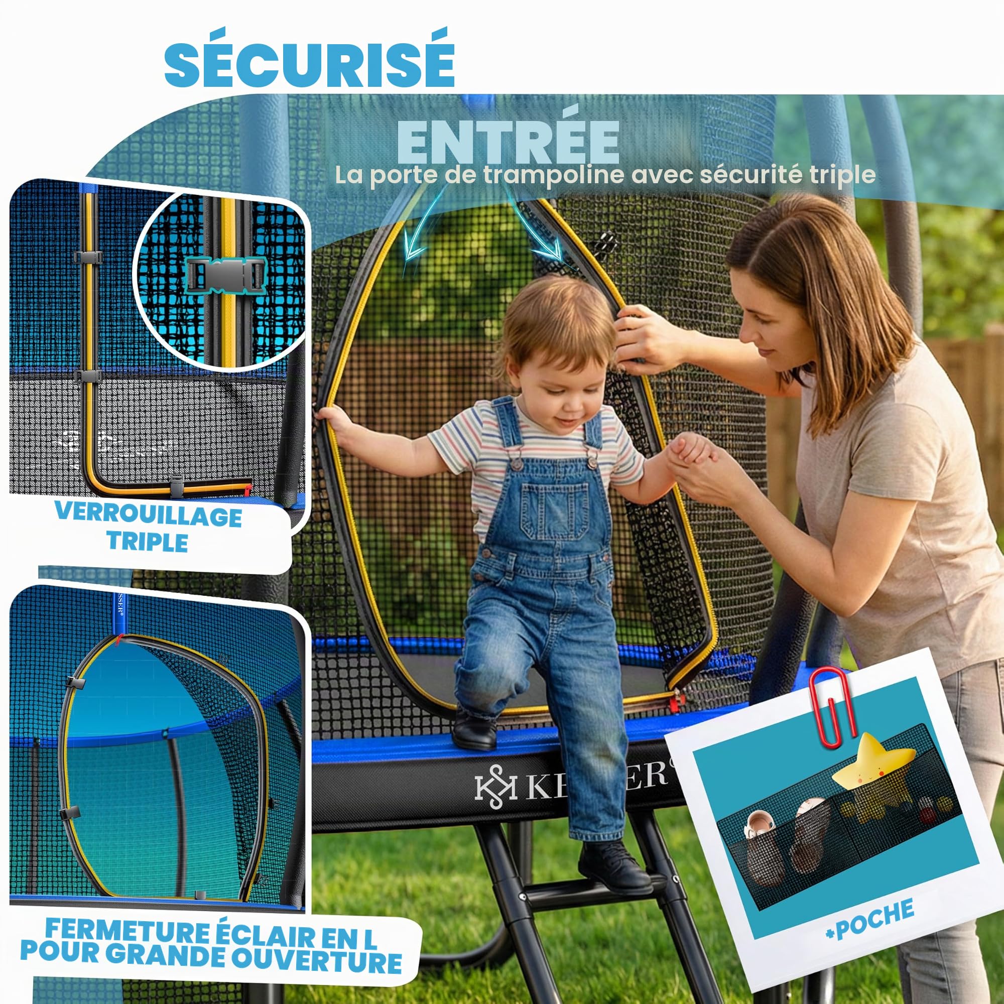 KESSER Trampoline d'extérieur Ø 244/305/366/427 cm, certificat GS, trampoline de jardin pour enfants et adultes < 150 kg avec filet de sécurité, sac, échelle, housse de bord et barres de filet