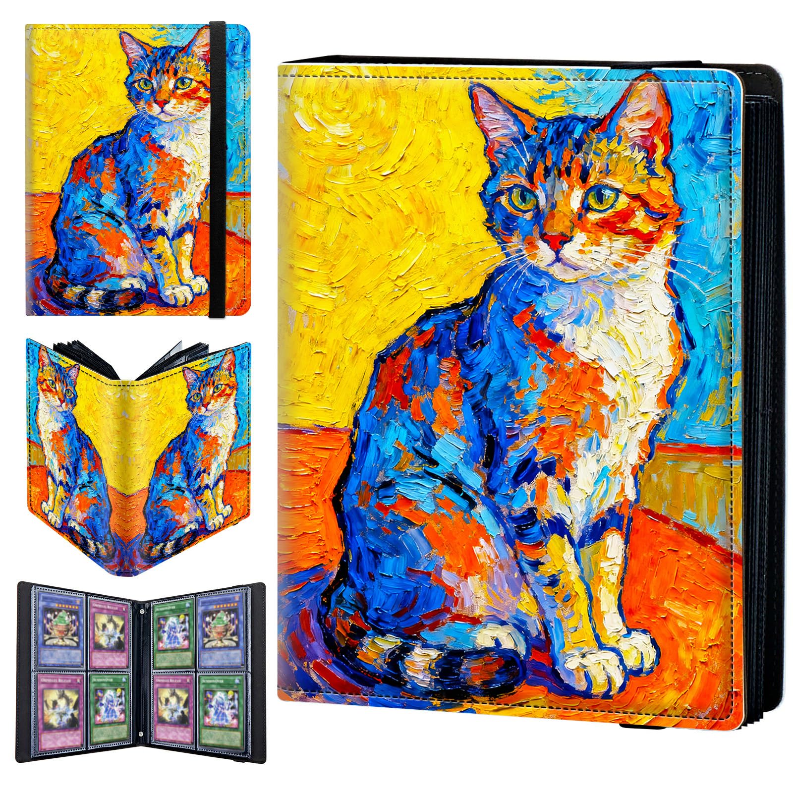 4 Pocket Trading Card Binder 400 Side Loading Pocket Album with Watercolor Cute Cat Pattern Design Card Binder for Sports Cards & Game Cards
