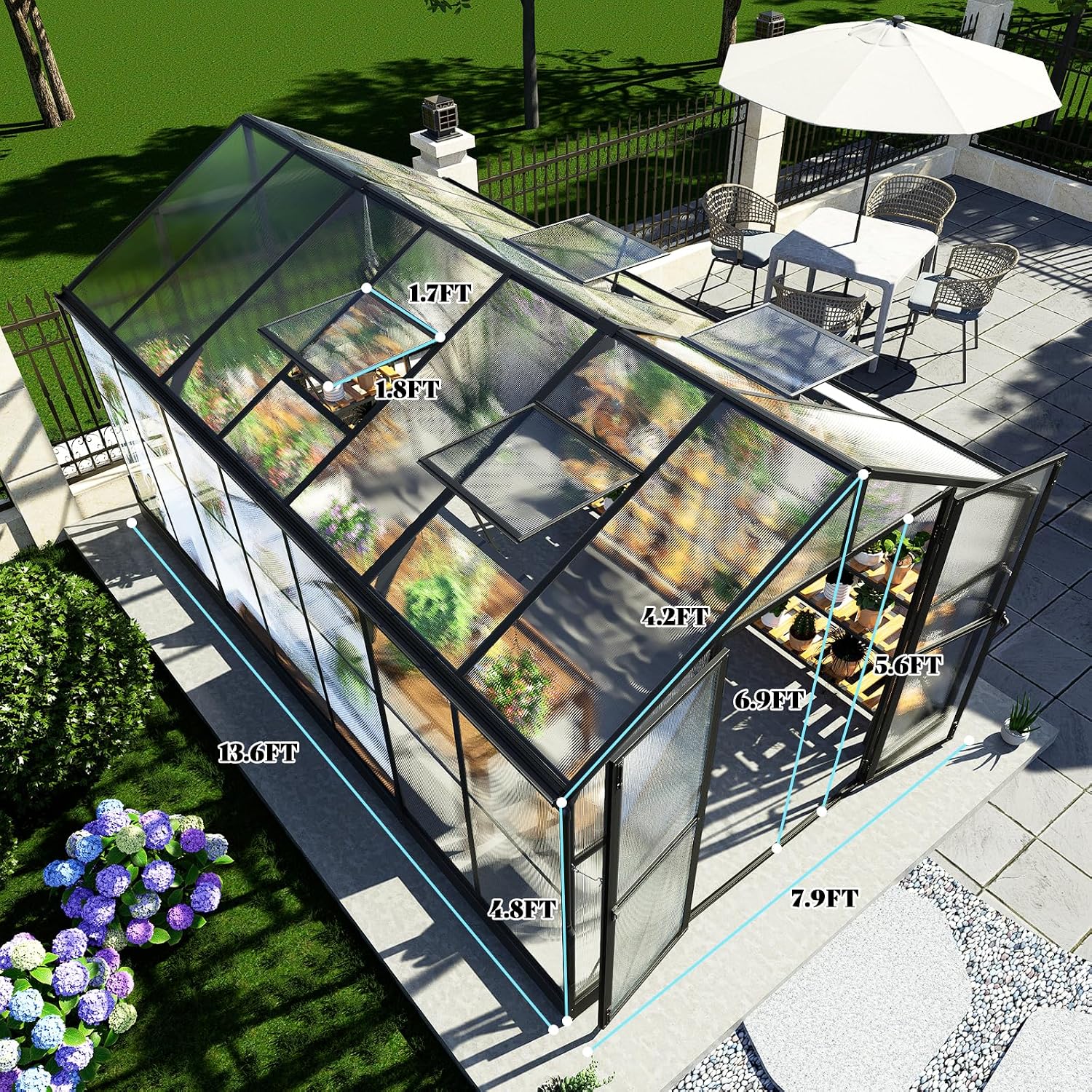 AMERLIFE 8x14x7FT Polycarbonate Greenhouse, Walk in Greenhouse with Quick-Connect System, Green House with 4 Vent Windows and Swing Door, Greenhouses for Outdoors, Glossy Black