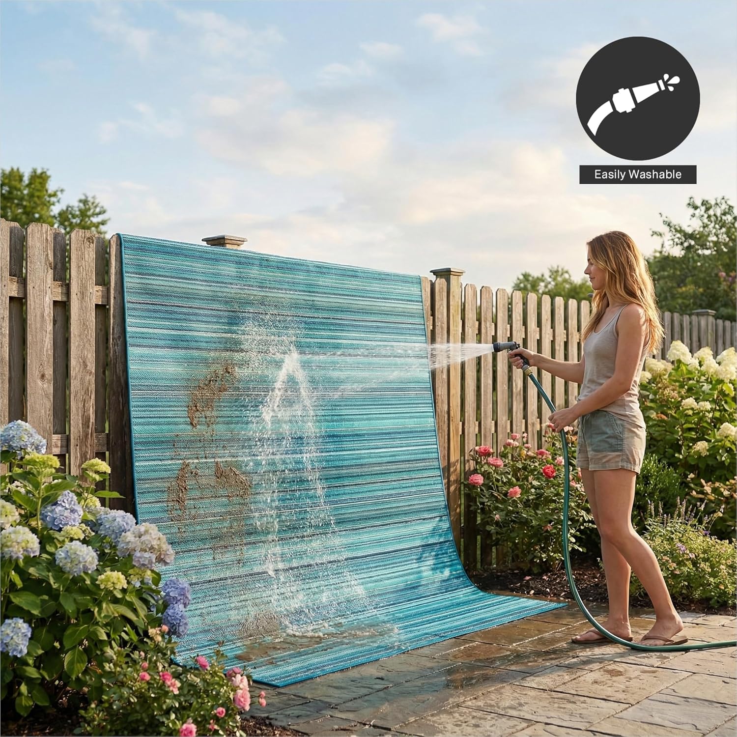 FH Home Outdoor Camping Rug - Waterproof, Fade Resistant, Reversible - Premium Recycled Plastic - Striped - Large Patio, Deck, Sunroom, RV - Havana - Turquoise - 9 x 12 ft Foldable