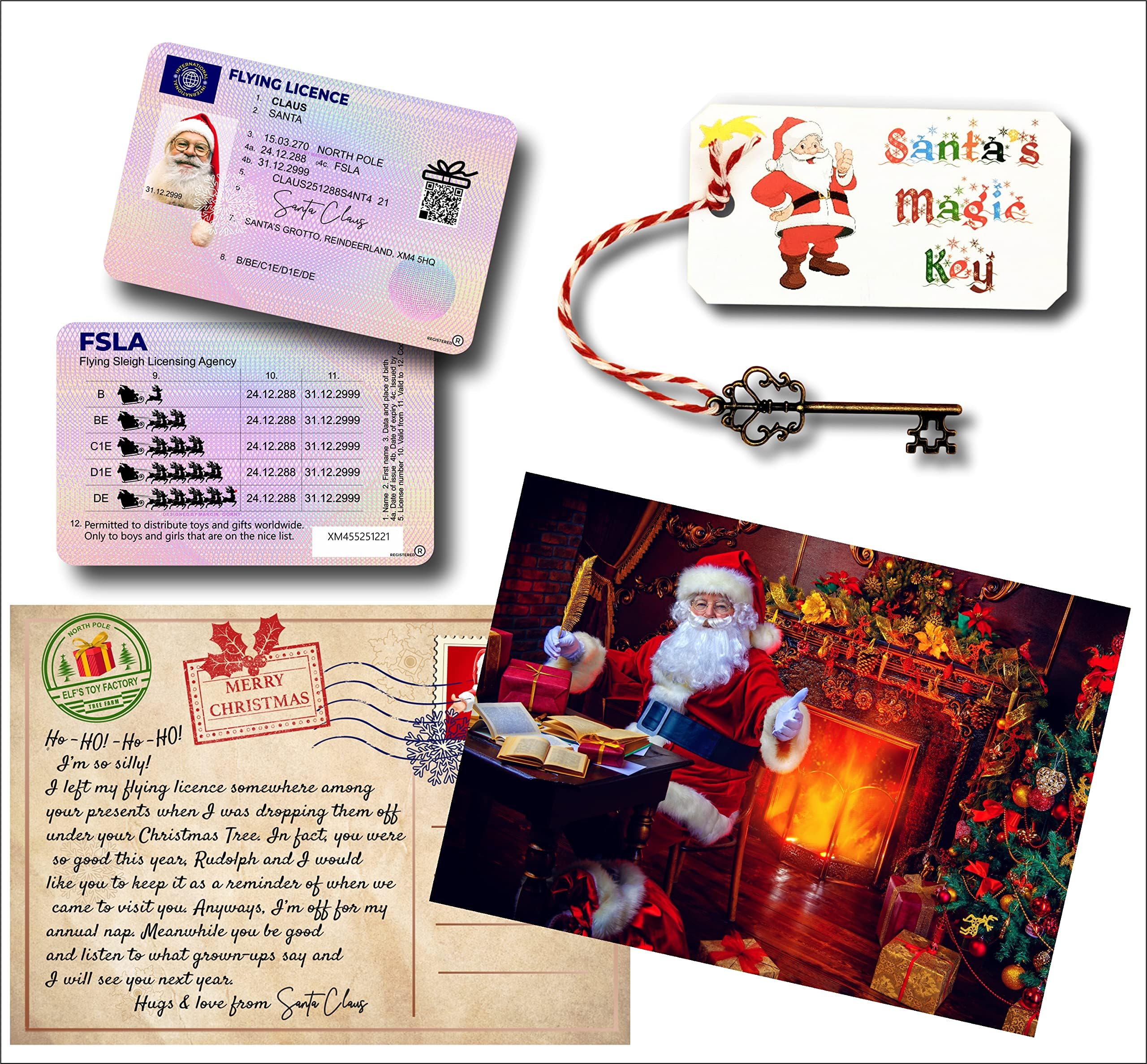 Santa's Magic Key with poem + Plastic Santa's Flying Licence + Special Postcard from Santa + Santa's Lost Button SET (White (no poem) 2)