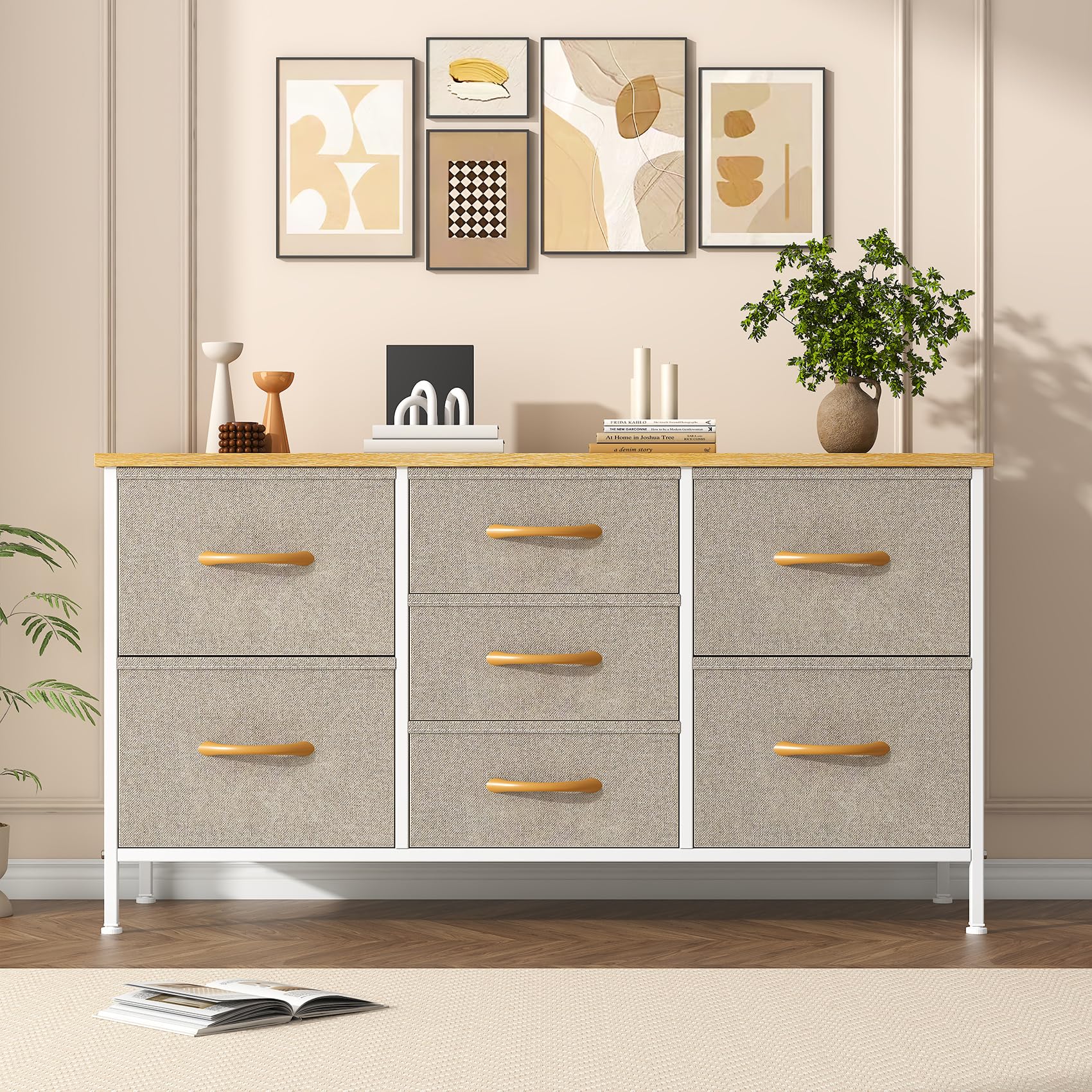 Feonase Chest of Drawers,Bedroom Dresser with 7 Fabric Drawers, Metal Frame & MDF Wood Top, Adjustable Feet, Storage Organizer Unit for Bedroom, Closet, Living Room, Office Hallway, Khaki