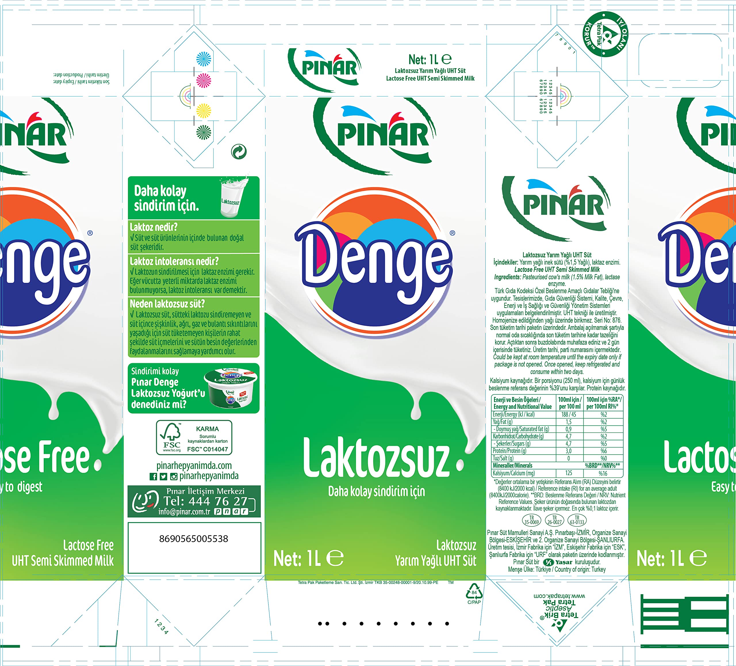 PINAR SÜT DENGE LAKTOZSUZ 1L 2li paket