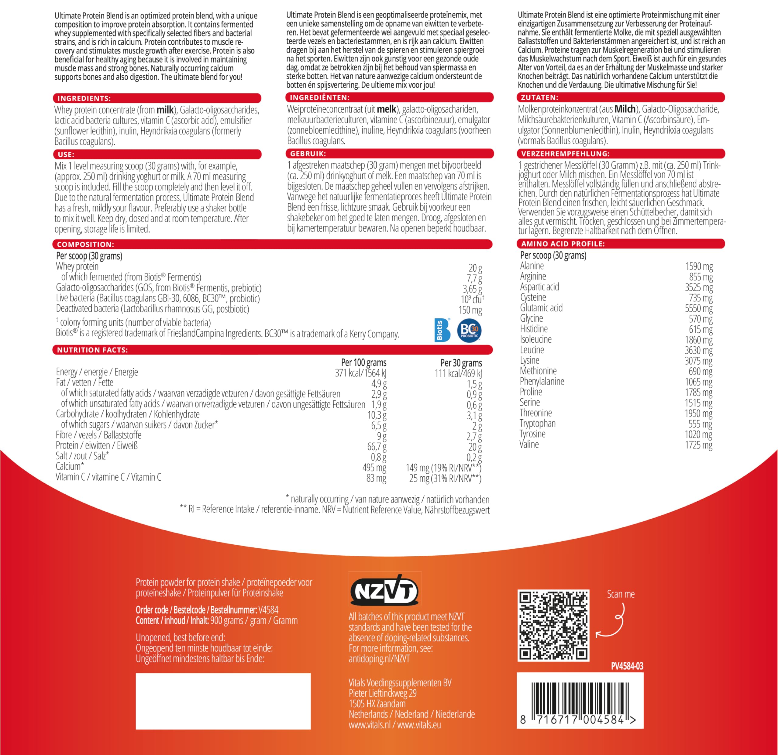 Vitals - Ultimate Protein Blend Standbeutel 900 Gramm. Einzigartige Mischung aus fermentiertem Molkenprotein, ergänzt mit speziell ausgewählten Prä-, Pro- und Postbiotika.
