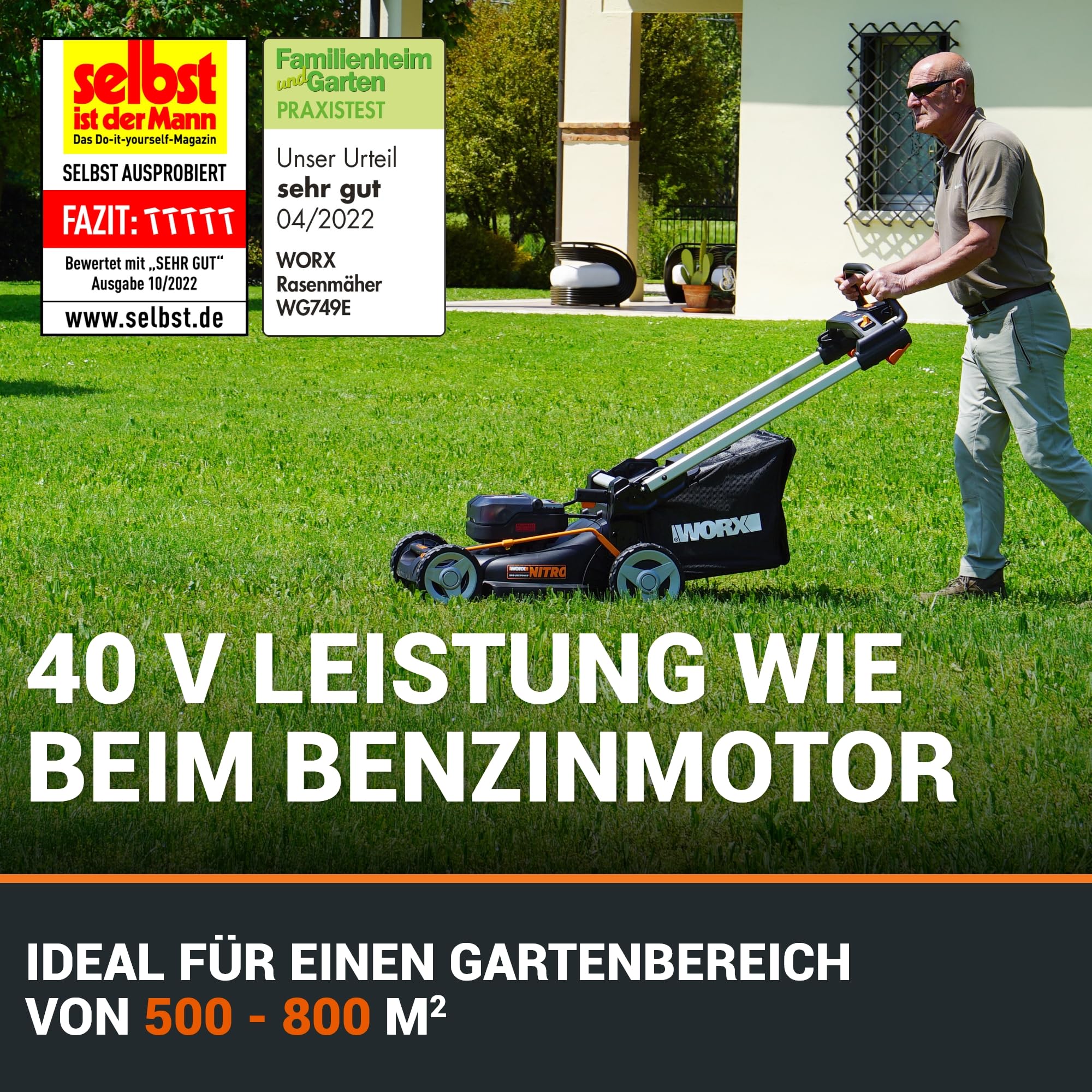 WORX WG749E Akku Rasenmäher 40V (2x20V) PowerShare, Radantrieb, Kraftvoller Bürstenloser Motor, 46cm Schnittbreite, 7 Schnitthöhen inkl. Akku und Ladegerät, Schwarz