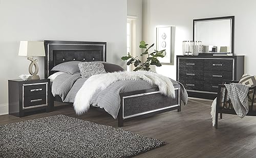 Miniatura 7 de Signature Design by Ashley Kaydell Glam - Mesita de noche de 2 cajones con paneles de cocodrilo sintético y detalles cromados, color negro