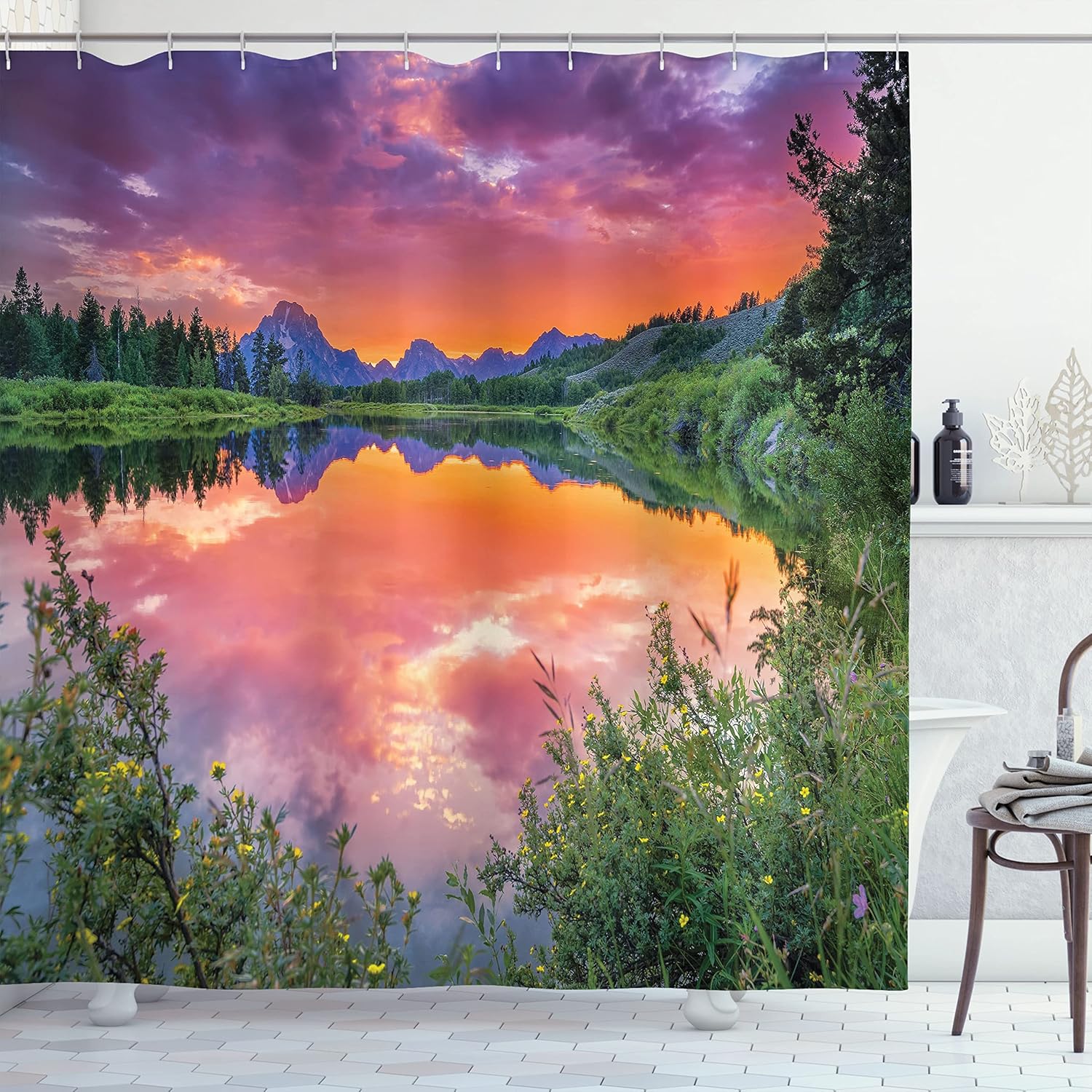 Ambesonne Mountain Shower Curtain, Colorful Sunset Reflection on River Nature Meadow in Wyoming Photography, Cloth Fabric Bathroom Decor Set with Hooks, 69" W x 70" L, Orange Green Purple