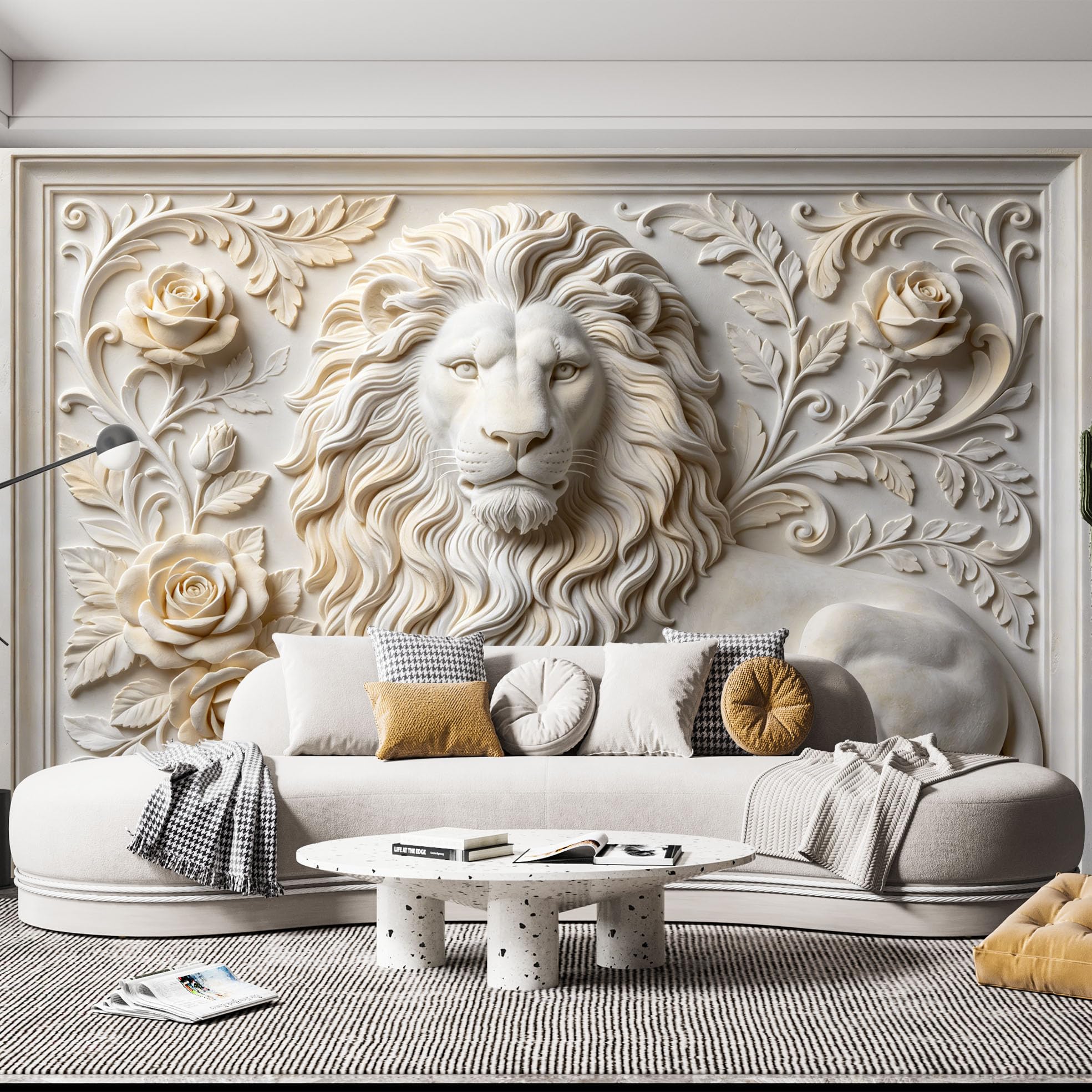 Rzeźba lwa z motywem kwiatowym 3D Wytłaczana figurka zwierzęcia tapeta flizelinowa luksusowa europejska roślina lwa botaniczna fototapeta 350 x 256 cm kremowa biała dekoracja ścienna do salonu