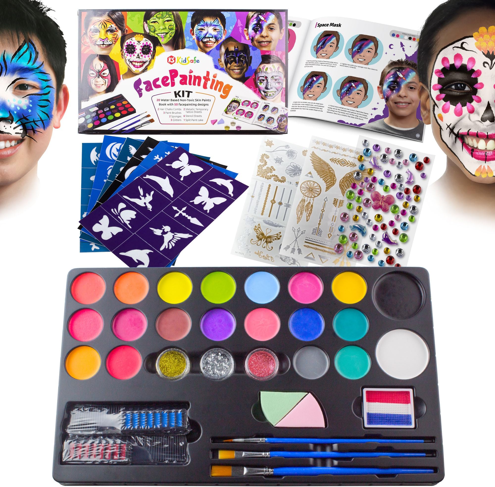 20-Color Face Painting Kit for Kids: Non-Toxic Water-Based Paints with Professional Tutorial Book (50 Designs), Stencils, Glitters, Hair Chalks & Brushes