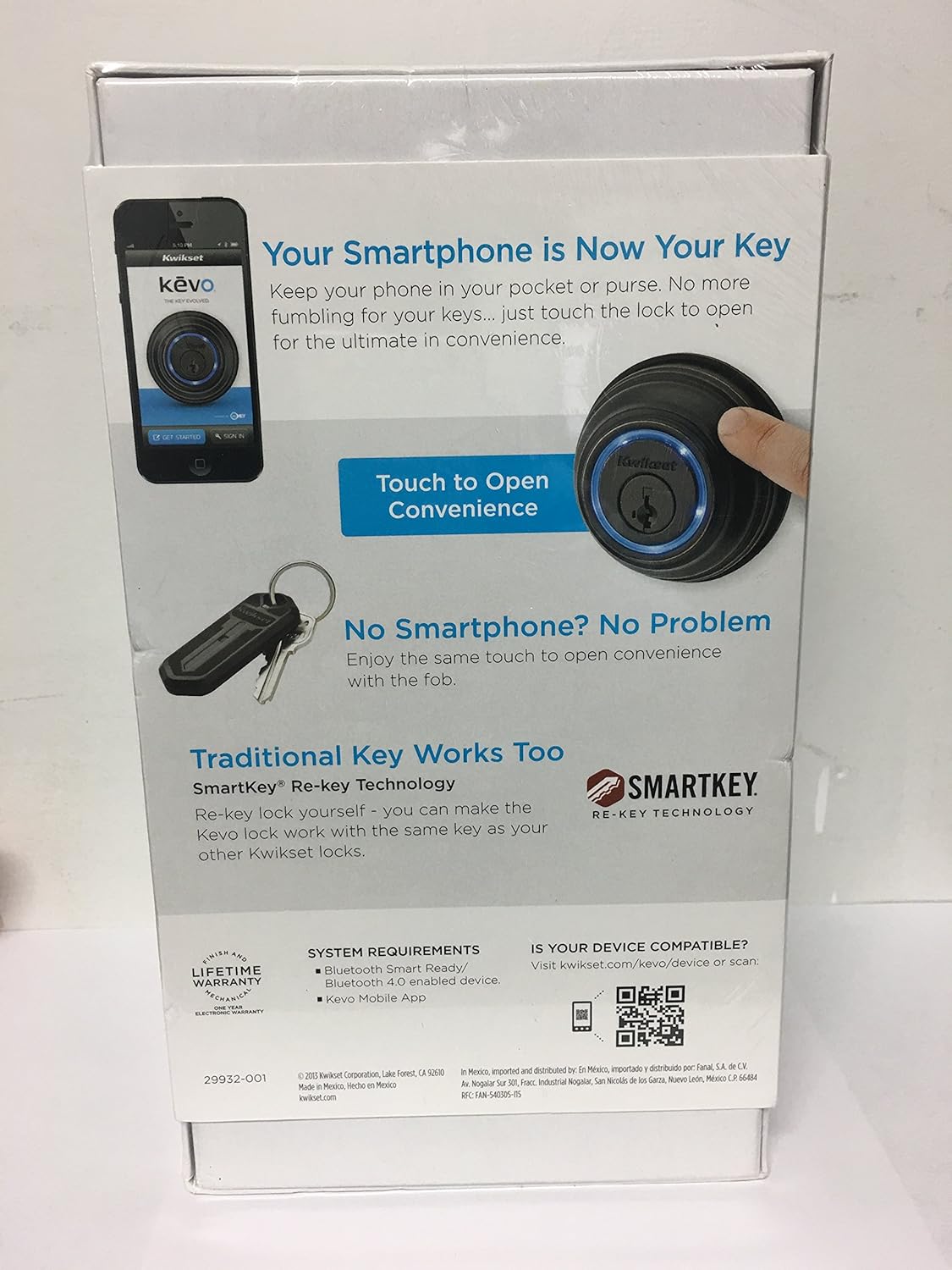 Kwikset Kevo packaging showing a smartphone, the deadbolt, and a traditional key fob.