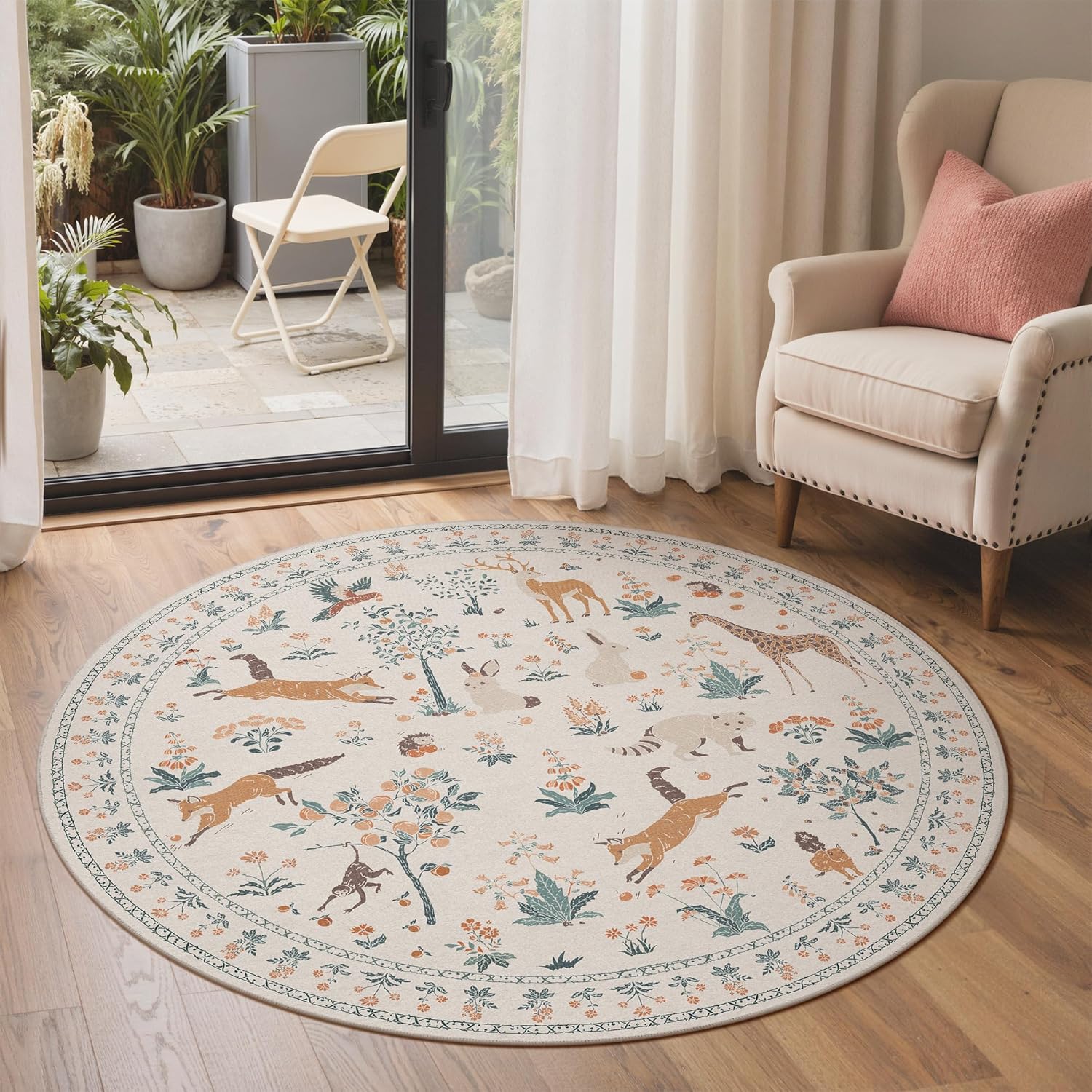 5FT Round Rug Machine Washable, Animal Print Floral Low Pile Non-Shedding Pet Friendly Circle Rug Non Slip for Bedroom Nursery Entryway Dining Room Playroom, Beige