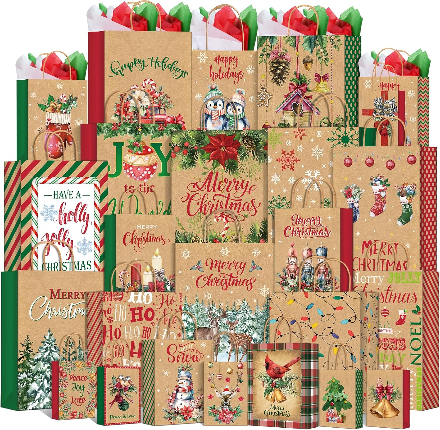 24 Christmas Assorted Gift Bags with Tissue, Bulk Holiday Kraft Paper Bags for Gifts