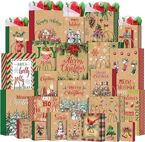 24 bolsas de regalo de Navidad surtidas con pañuelos, bolsas de papel kraft a granel con asas, 24 estilos para envolver regalos de Navidad, 6 jumbo,