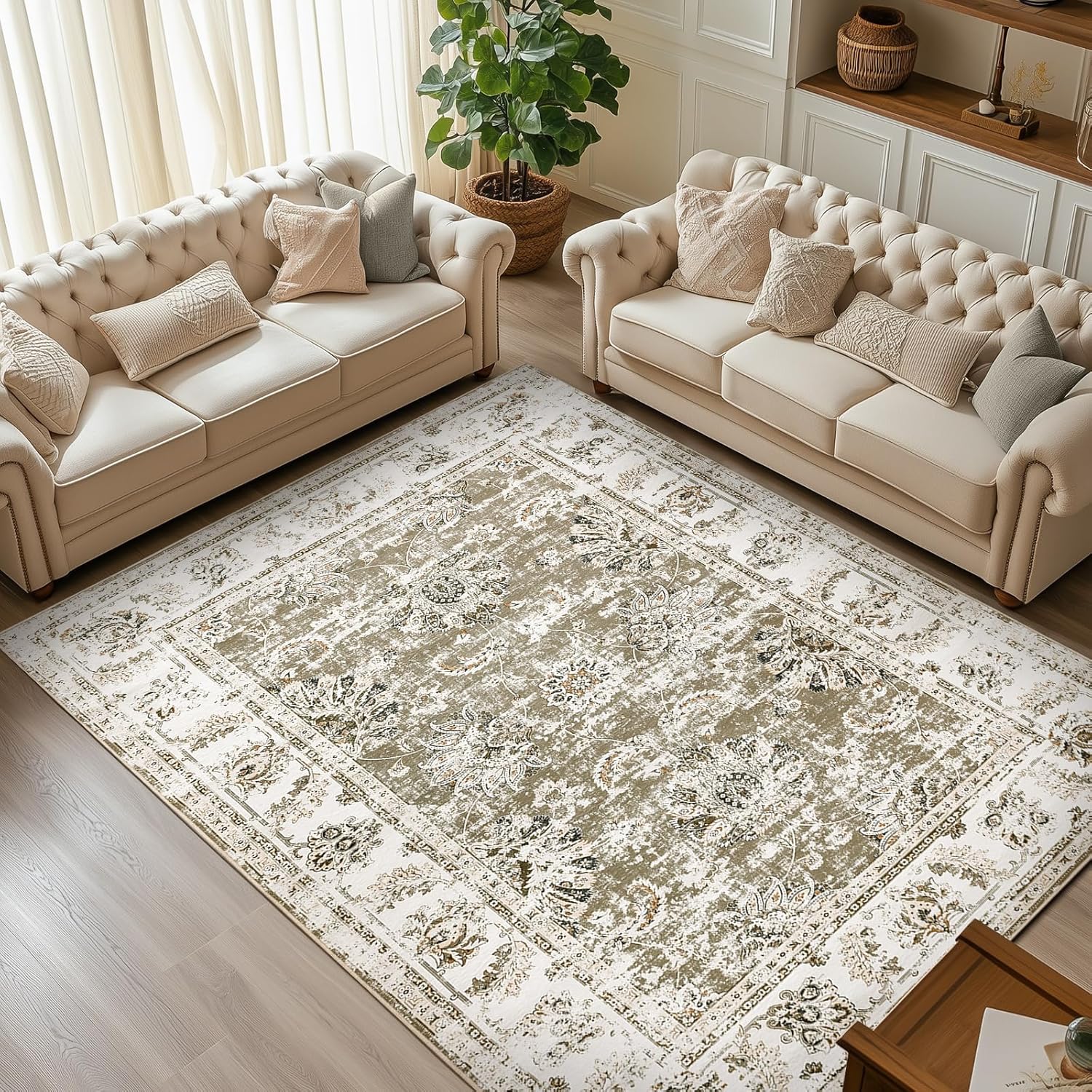 jinchan 10x12 Area Rugs for Living Room - Machine Washable Vintage Floral Distressed Design Stain Resistant Carpet Low Pile Non-Slip Large Rug for Bedroom Dining Room Home Office (10‘x12',Taupe) 10' x 12' (Light Weight) Distressed Taupe