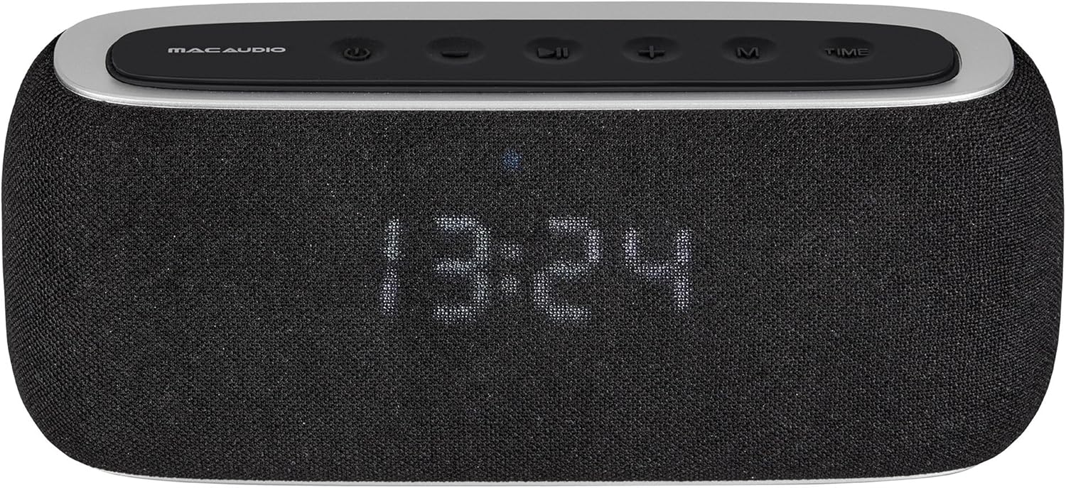 Front view of Mac Audio BT Tec 3000 speaker with digital clock display showing 13:24