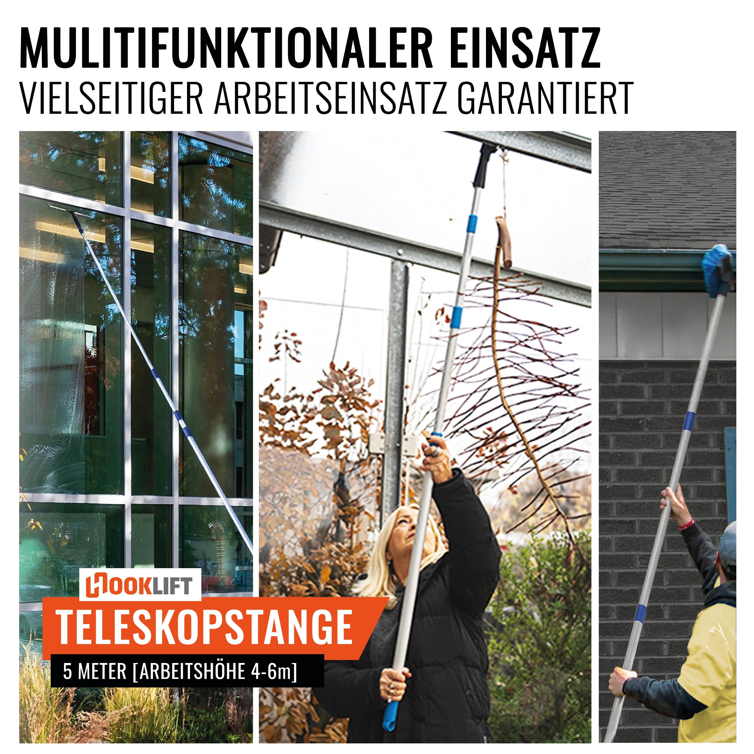 die KÜRZESTE 5m Alu-Teleskopstange mit Adapter, stufenlos von 154 bis 505 cm verstellbar; ideal für das neuartige Magnet-Haken-System und für weitere Werkzeugaufsätze nutzbar