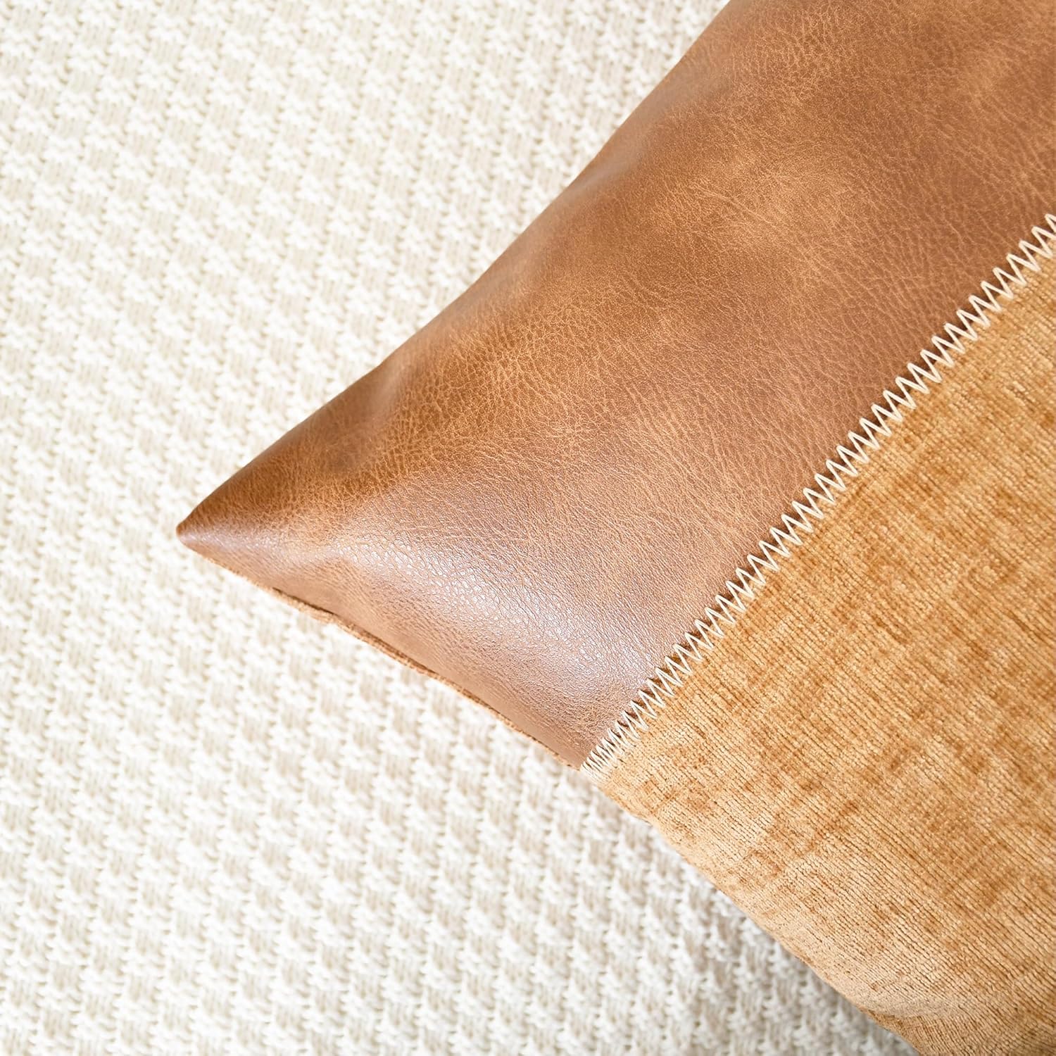 CaliTime Throw Pillow Covers Pack of 2 Soft Faux Leather Solid Dyed Chenille Cushion Cases for Couch Sofa Home Decoration 18 X 18 Inches Apricot Brown - Image 6