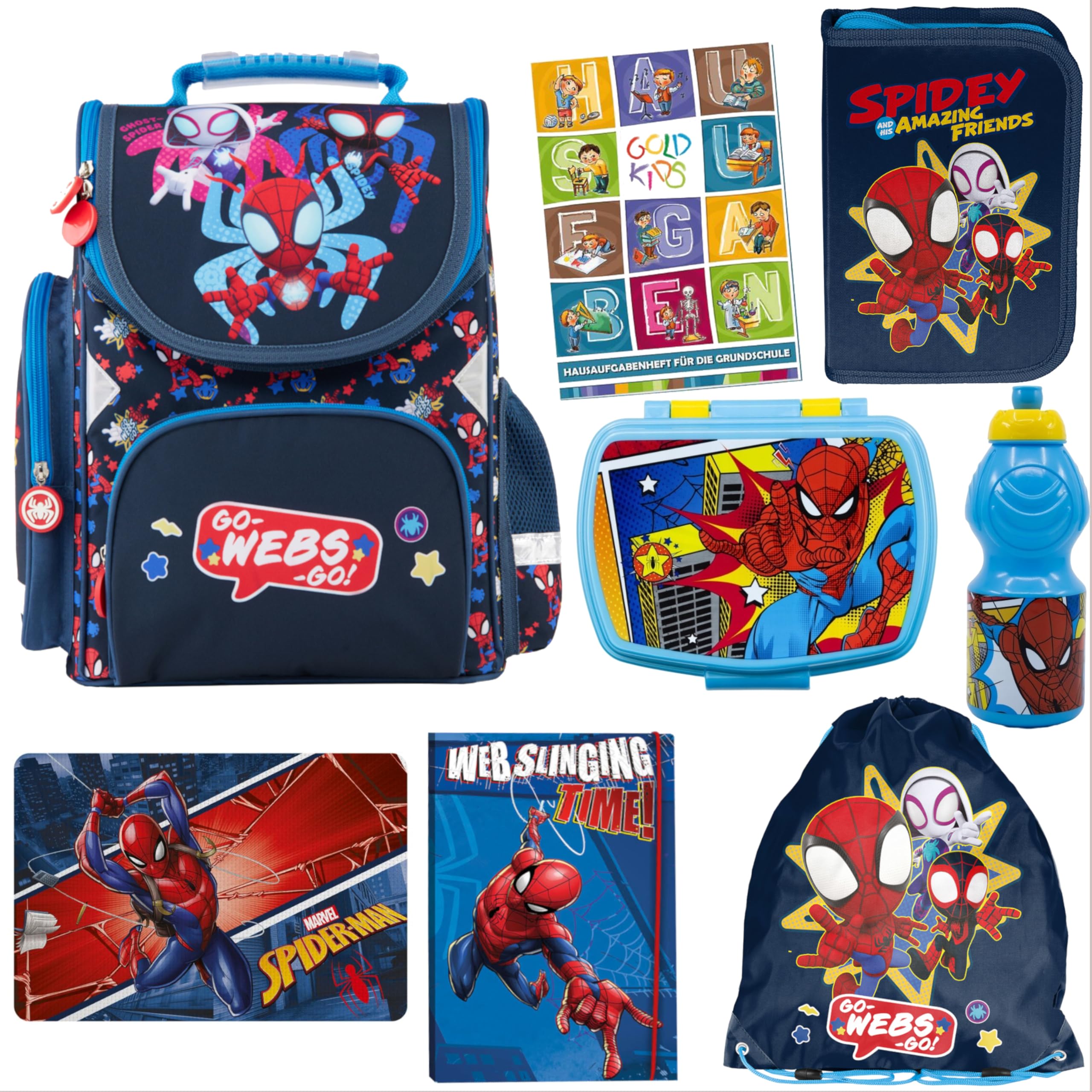 Goldkids - Schulranzen für Jungen und Mädchen, 8er-Set - Schul-Rucksack für Kinder mit Federmäppchen - Schuhbeutel Malunterlage Sammelmappe und Hausaufgabenheft - Spiderman Motiv - 1-3 Klasse