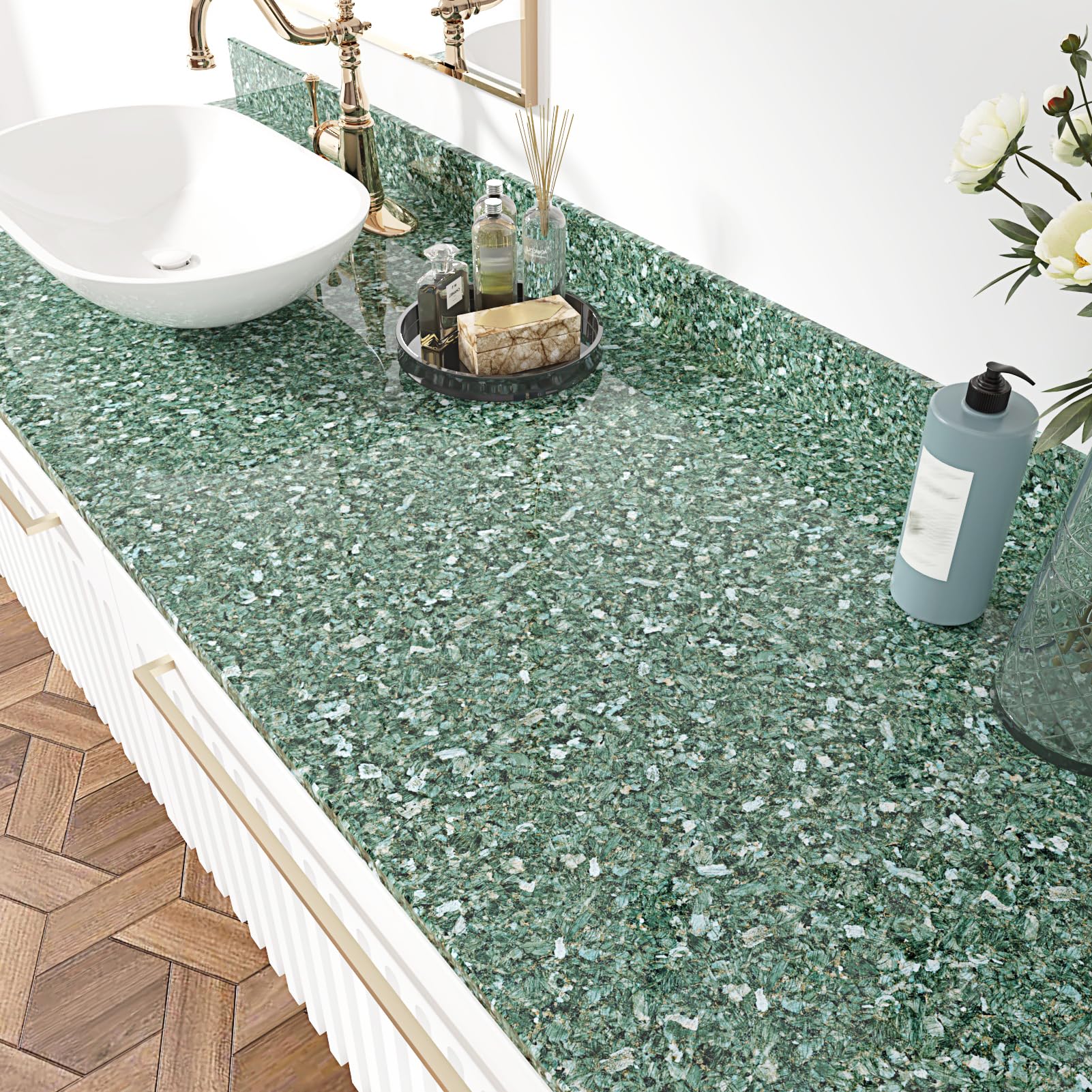 Papel de cocina de terrazo verde para renovar muebles del baño y gabinetes antiguos