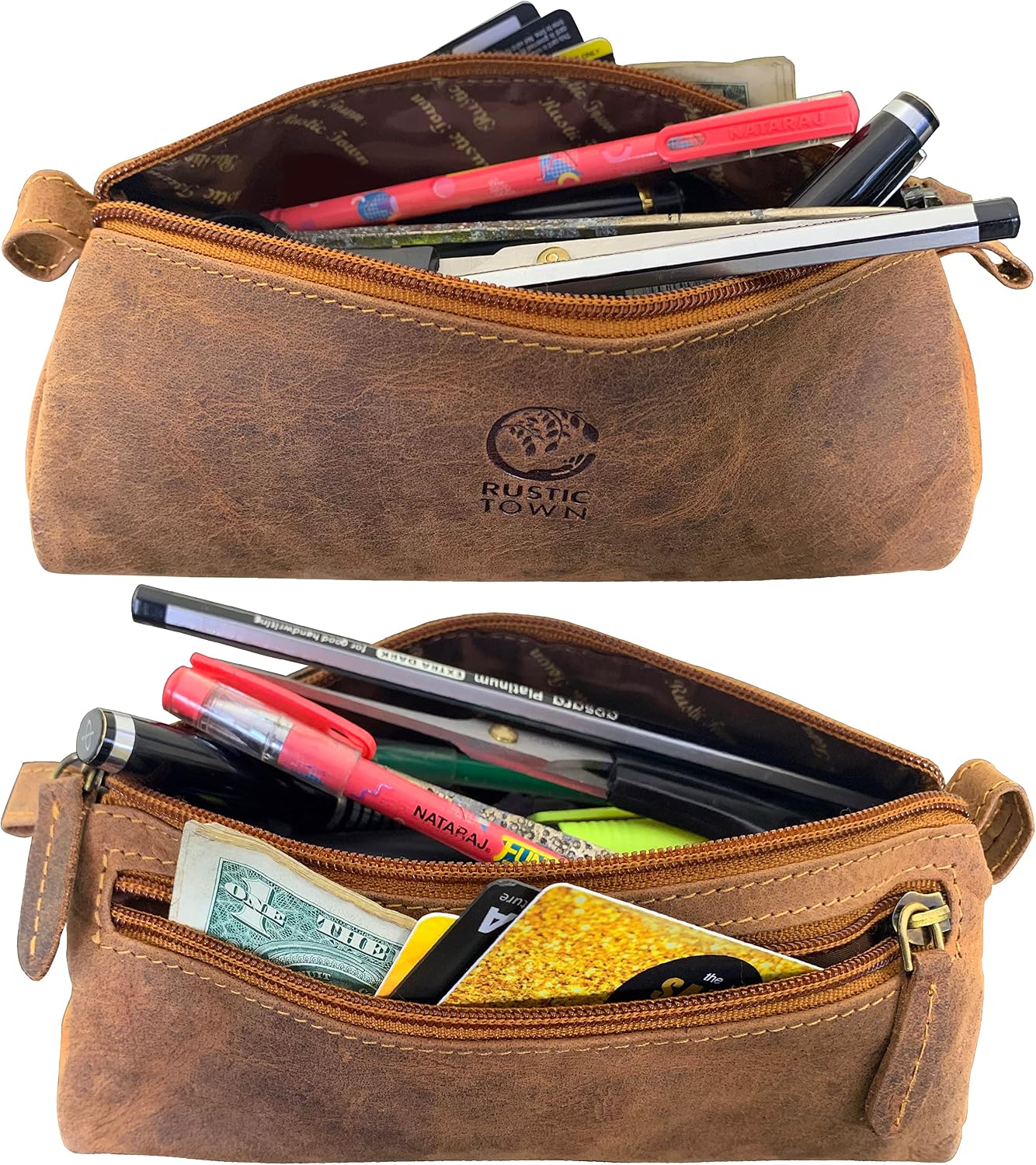 RUSTIC TOWN Leather Pencil Pouch - Zippered Pen Case for Work & Office
