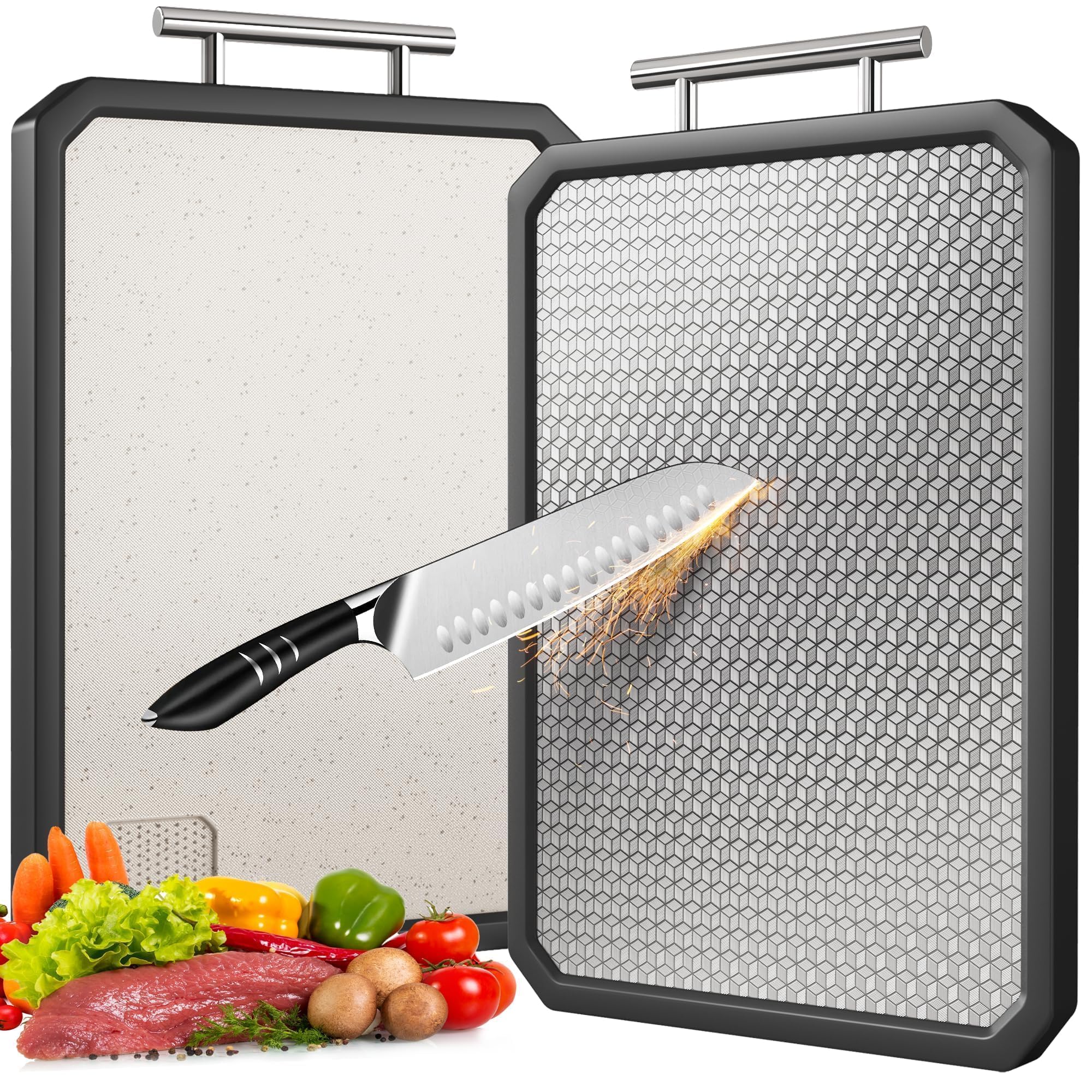 Lozovin Double Sided Cutting Board 304 Stainless Steel & Wheat Straw, Non Toxic Kitchen Chopping Board for Meat & Vegetables, Scratch Resistant Mesh Design, Non-Slip Silicone Edge (Black,L)