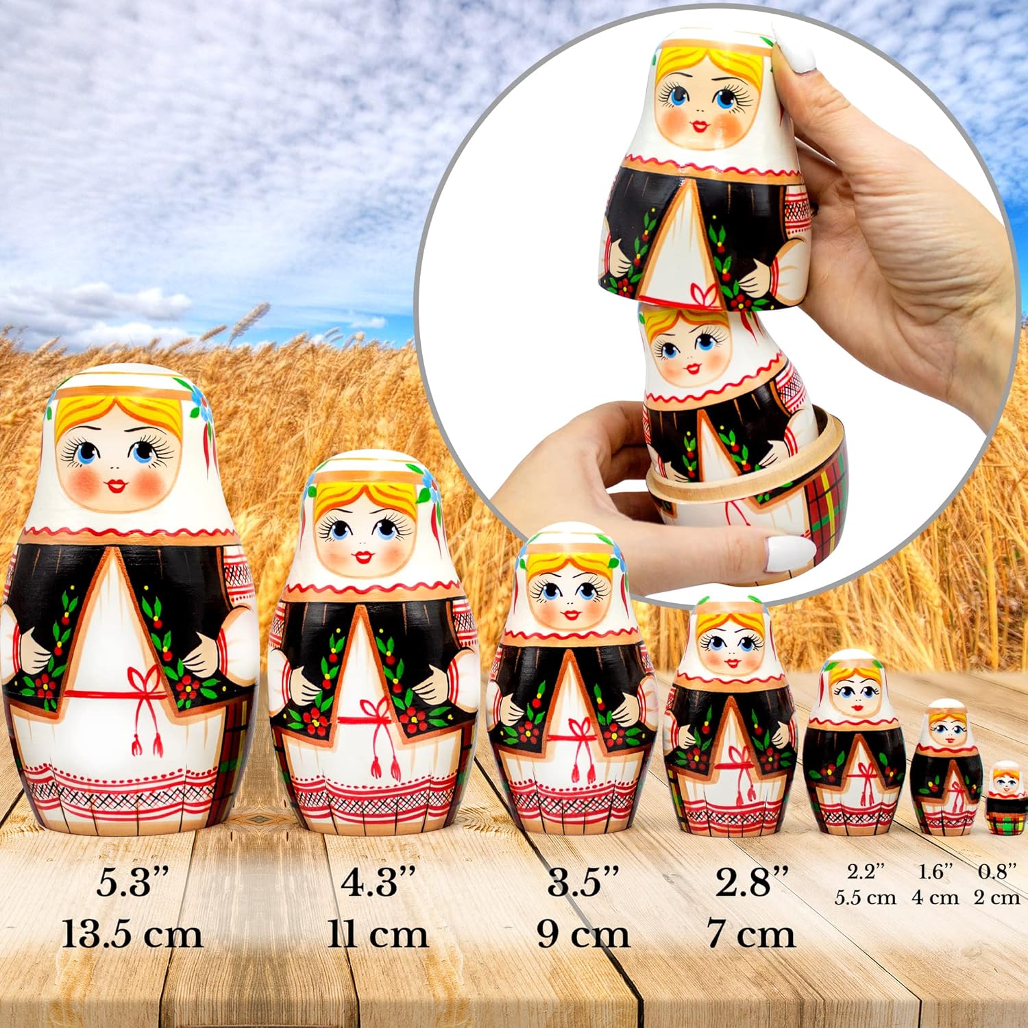 AEVVV Ukrainian Nesting Dolls Set of 7 pcs - Ukrainian Souvenir - Matryoshka Dolls in Ukrainian Dress Vyshyvanka - Handmade Ukrainian Gifts - Ukrainian Doll - Matryoshka Nesting Dolls
