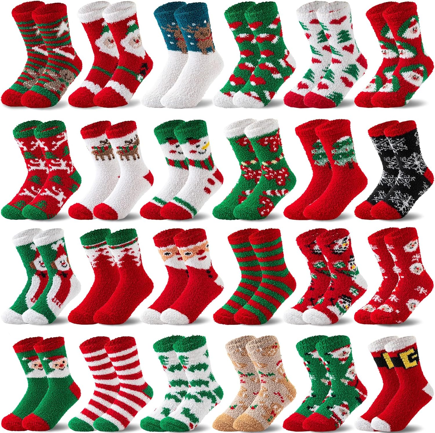 MarJunSep 24 Pairs Christmas Fuzzy Socks Bulk for Women Adults Gifts Stocking Stuffers Cozy Holiday Sleeping Santa Socks Gifts