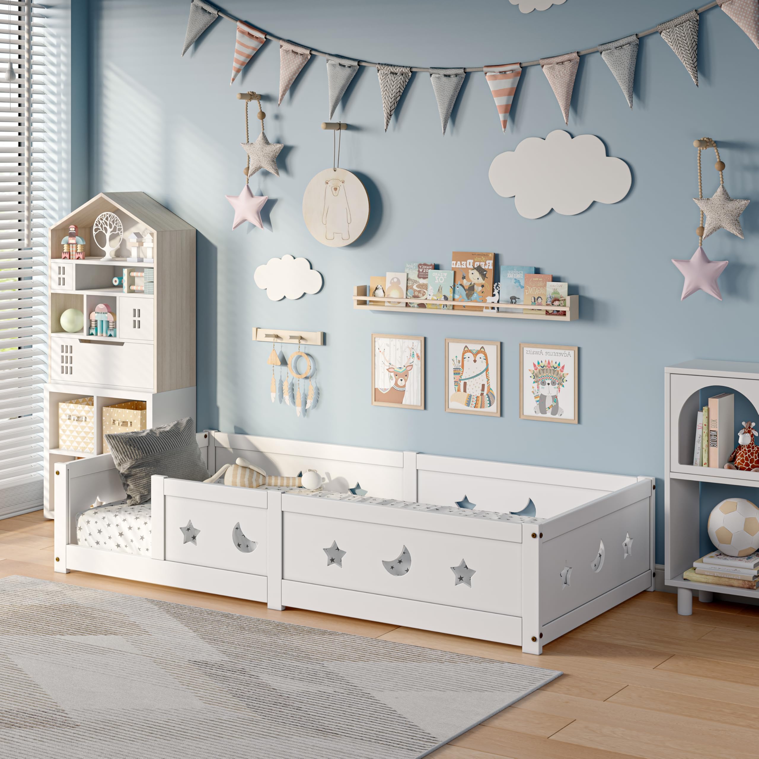 Lettino Montessori, 90 x 200 cm, letto a pavimento in legno, per bambini, con protezione anti-caduta, adatto per ragazzi e ragazze (bianco 1, 90 x 200 cm)