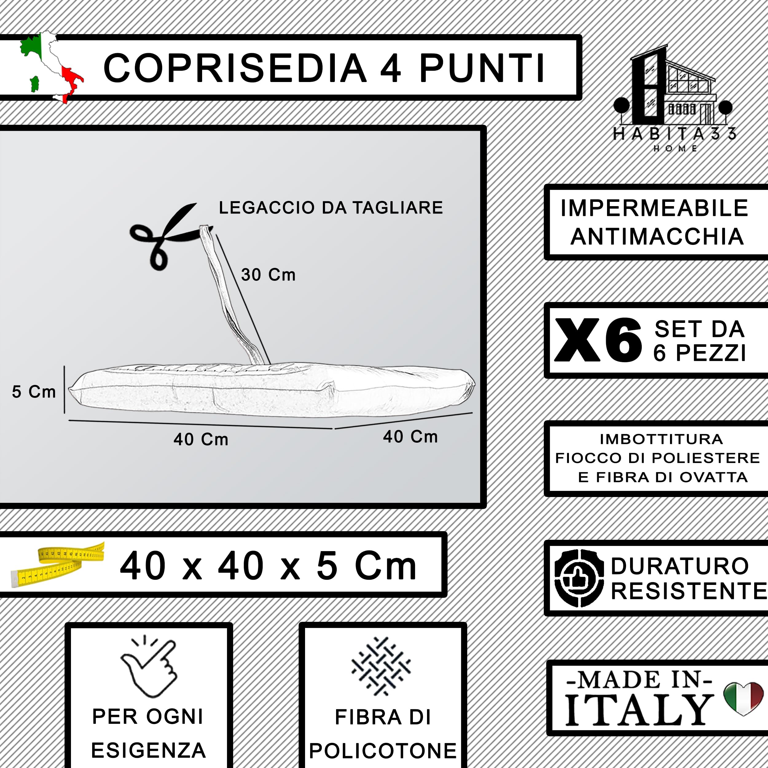 Cuscini per Sedie da Cucina Set da 6, Impermeabili e Antimacchia, Cuscini Sedie con Laccetti, Trapuntati al Centro, Double Face, Idrorepellenti, Coprisedie Cucina Made in Italy (Grigio Chiaro)