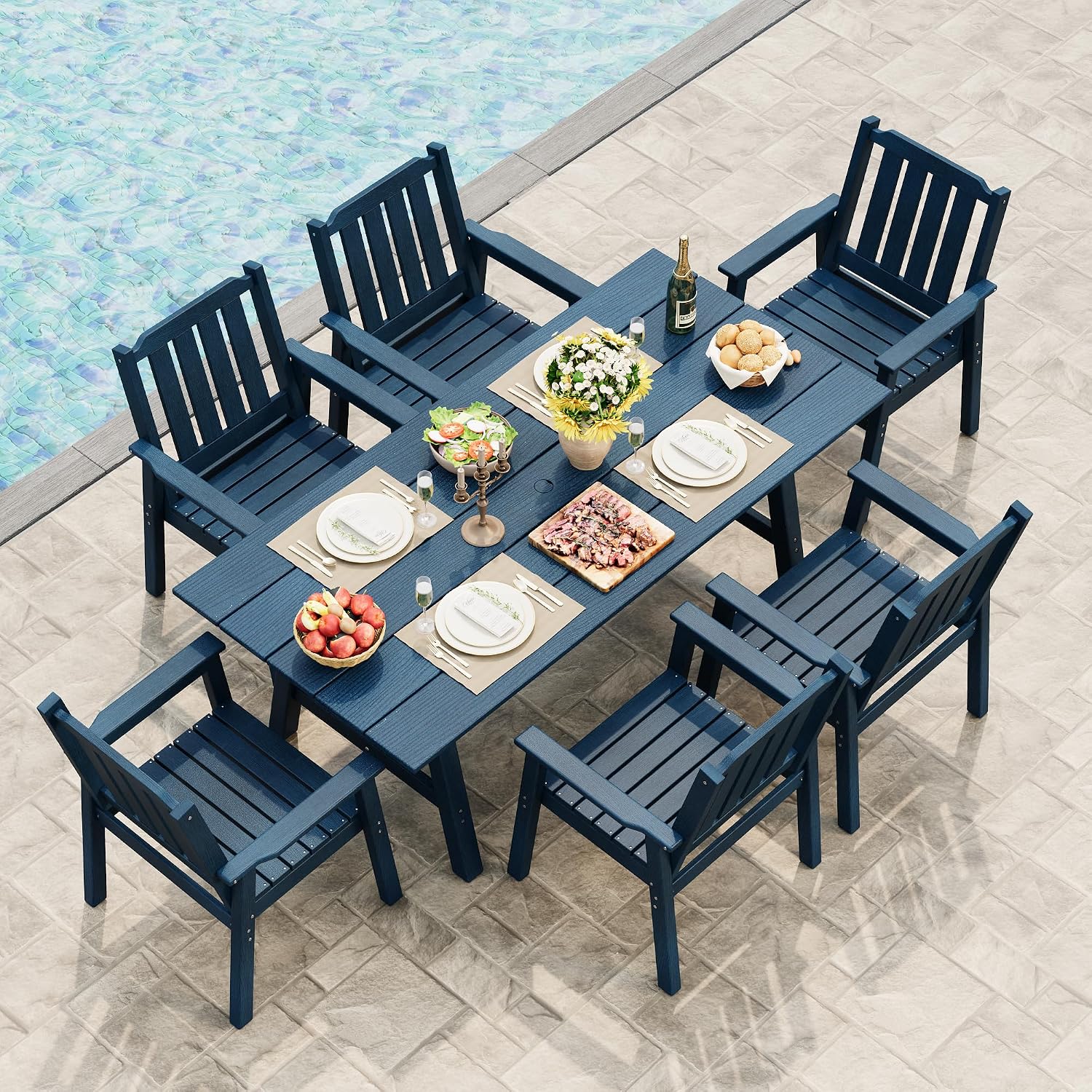 IDEALHOUSE 66.9" Outdoor Dining Table for 4-6, Heavy Duty HDPE Garden Table with Umbrella Hole, Sturdy Aluminum Triangular Frame, Weatherproof Large Patio Table for Backyard, Poolside and Deck, Navy