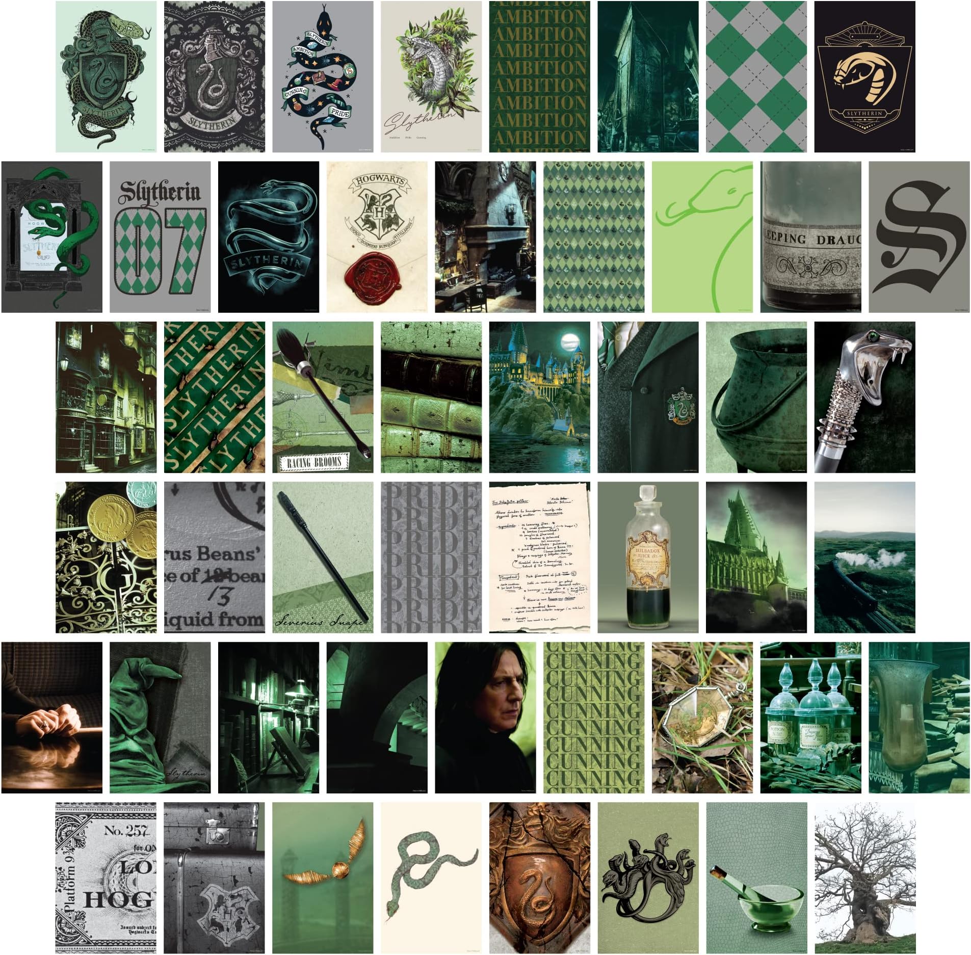 CON*QUEST Conquest Journals Harry Potter Slytherin Wall Collage, 50 Unique 4x6 Official Images From the Wizarding World, Printed on Quality Card Stock, Matte Finish