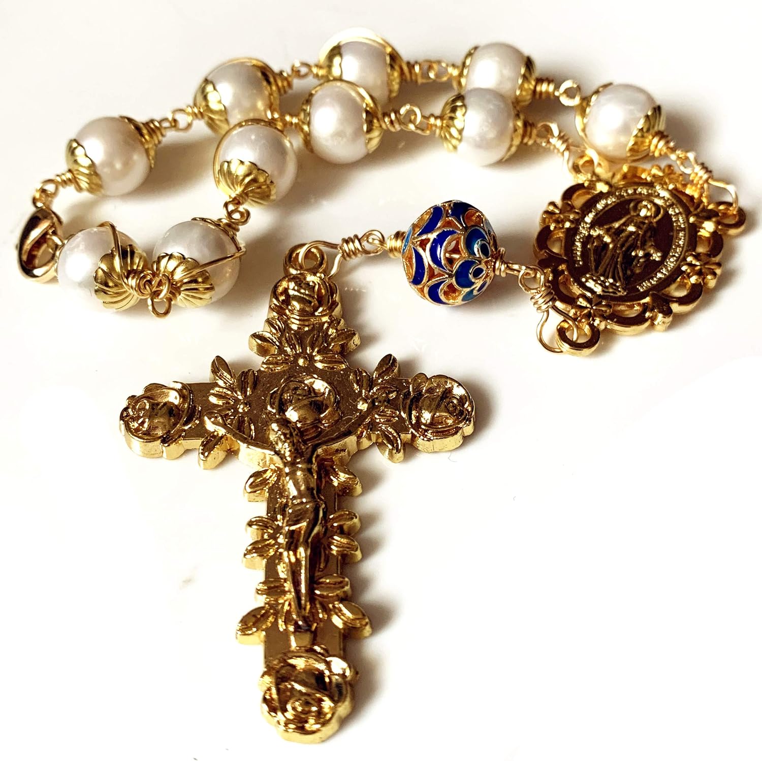 elegantmedical Handmade Wire Wrapped 10MM Real Pearl Beads Catholic Prayer one decade rosary bracelet cross Gift & Box