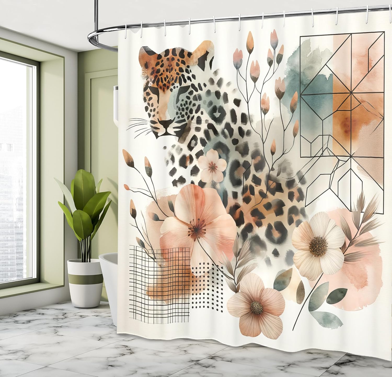 Ambesonne Leopard Shower Curtain, Watercolor Painting Print of Tender Abloom Flowers and Jungle Cat, Cloth Fabric Bathroom Decor Set with Hooks, 69" W x 75" L, Peach Ginger and Grey Teal
