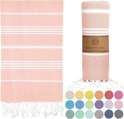 Miniatura 16 de Madamelique Toalla de playa turca con bolsa de playa, 39 x 74 pulgadas, toallas de playa prelavadas de gran tamaño, 100 % algodón, secado rápido