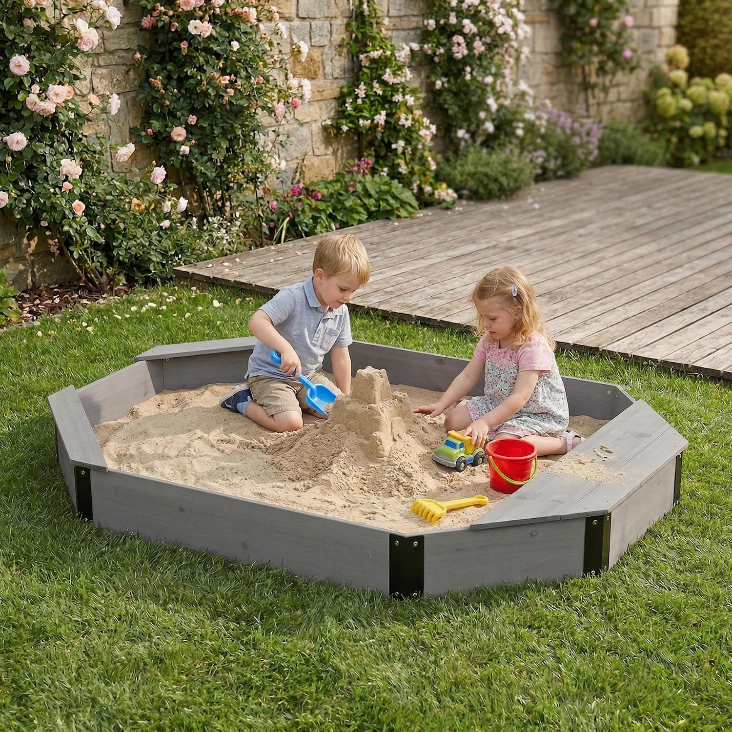 75.5''x53''x7.5'' Octagon Sandbox for Kids, Large Sand Box with Cover & Bench Seats, Solid Wood Sandpit for Backyard Patio Outdoor Play, Easy Assemble (Grey) (Grey)