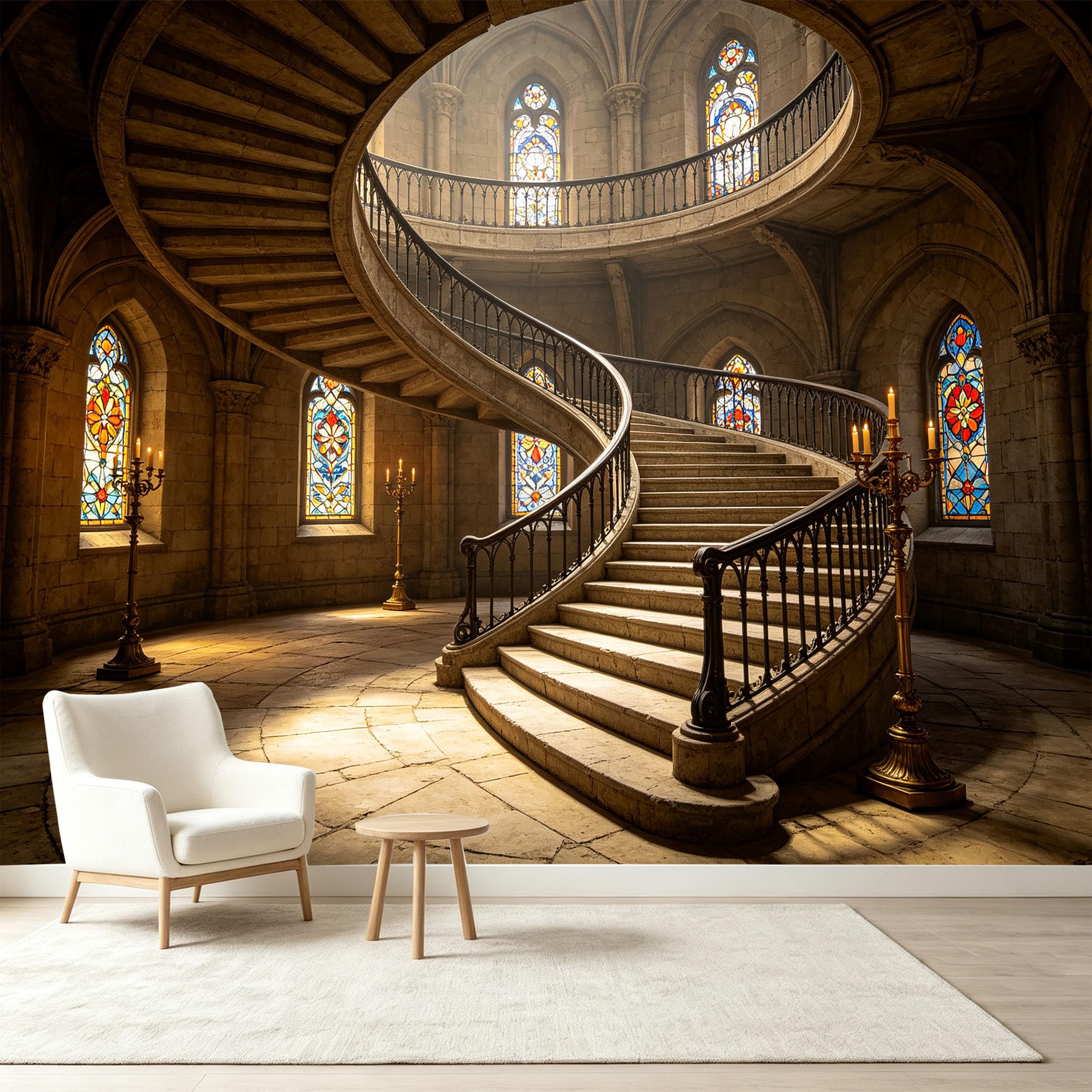 Custom Size Wall Murals Neoclassical Spiral Staircase Stained Glass 3D Trompe L'Oeil Self-Adhesive Wall Fabric Removable Wallpaper Wall Decor for Living Room Bedroom Bathroom