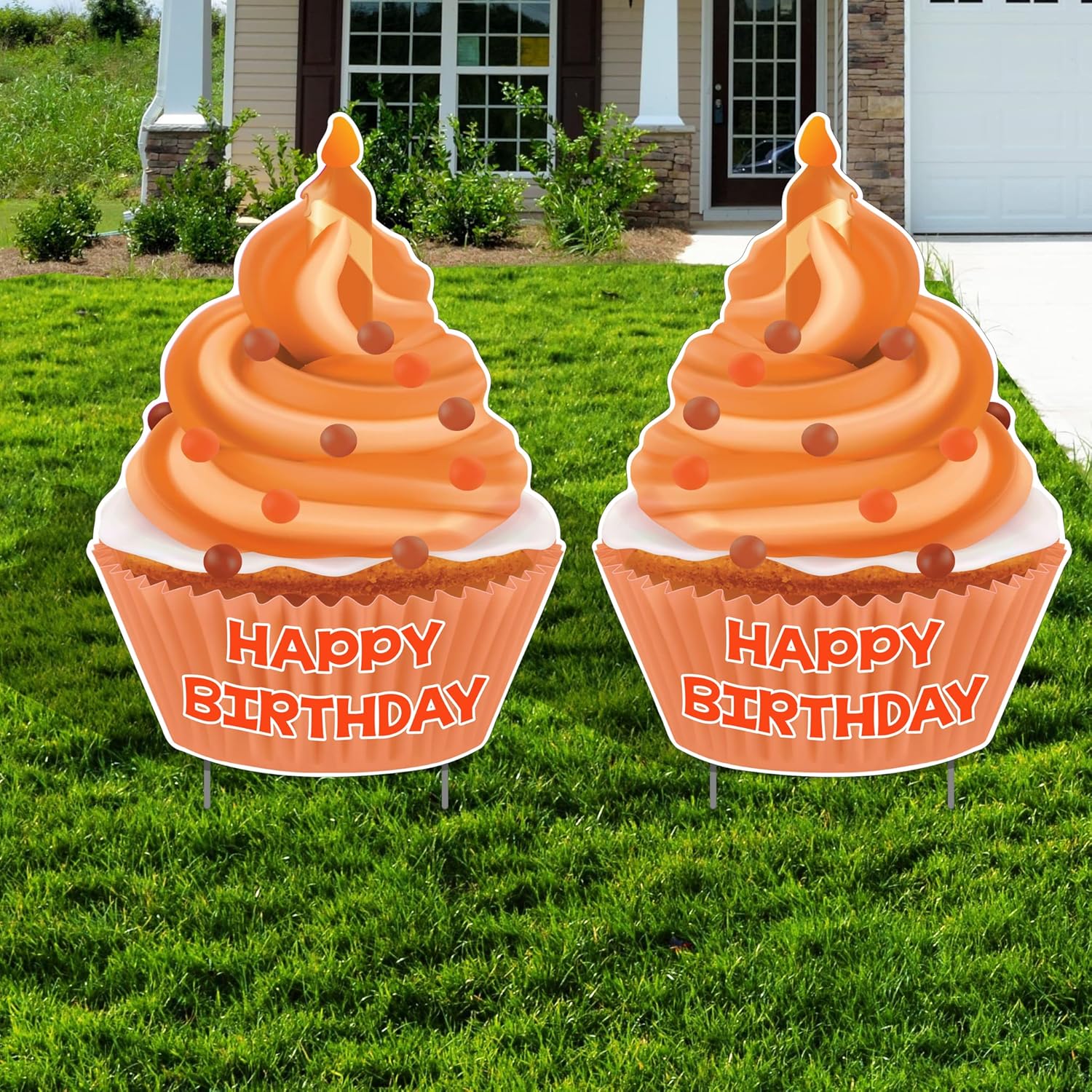 VictoryStore Jumbo Happy Birthday Cupcake Yard Sign, 26X36 Inches, Set of 2, Birthday Cupcake Yard Card, Waterproof Lawn Sign (Orange)