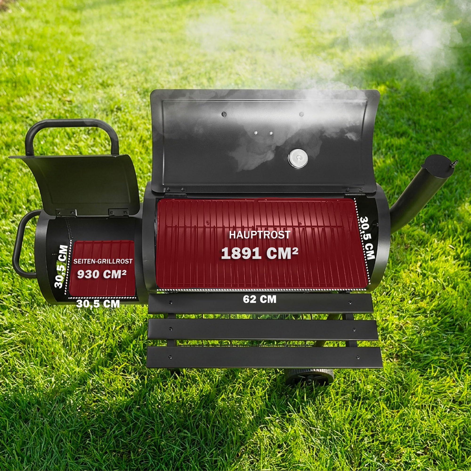 LEHMANN Holzkohlegrill & Smoker Grill 2-in-1, BBQ Grill mit Deckel, integriertem Thermometer und hitzebeständigem Griff, fahrbarer Grillwagen mit Rädern, 2-Kammern Standgrill für Garten, Schwarz