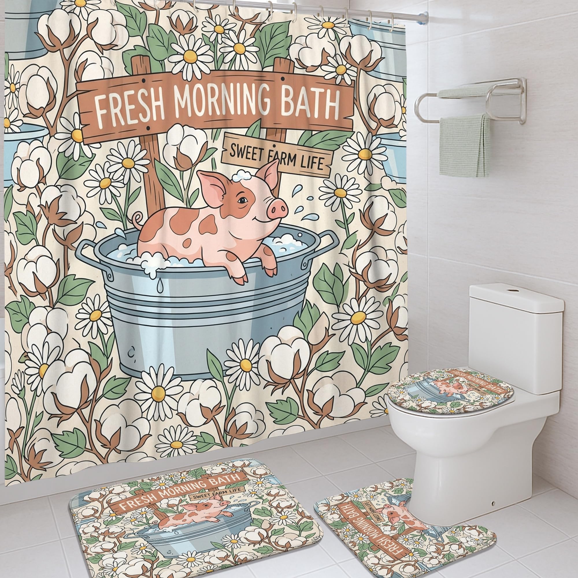 Rideau de douche rustique haut de gamme coton bleu pastel 183 x 183 cm
