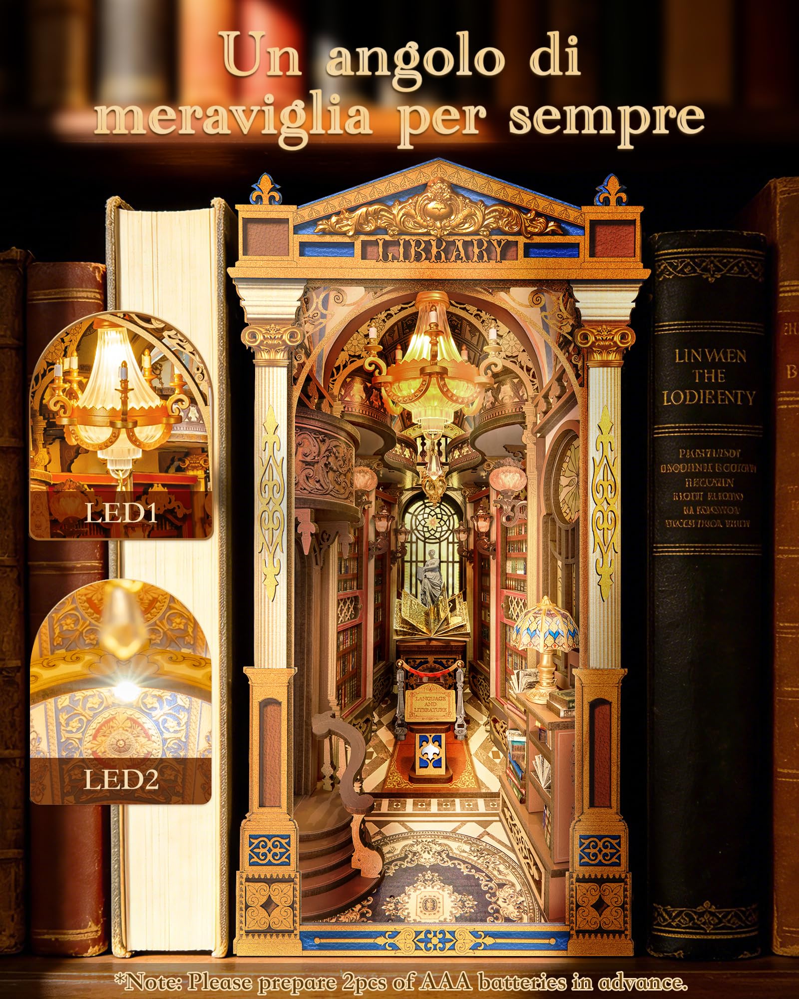 Rolife Book Nook Library of Wonders, Puzzle 3D in Legno, Kit Miniatura Fai-da-Te, Fermalibri Decorativo per Scaffali, Regalo Creativo di Natale e Compleanno per Adulti e Ragazzi