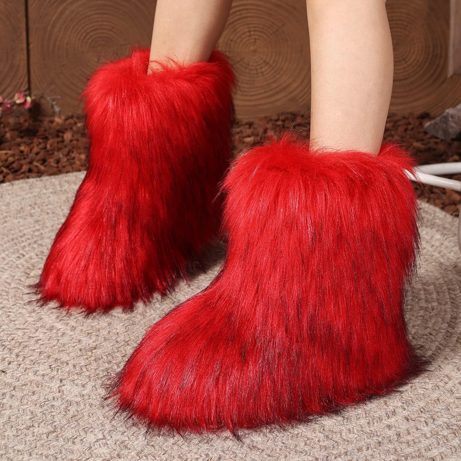 Women Faux Fur Furry Boot Fluffy Mid Calf Snow Boots Round Toe Suede Comfy Warm Flat Shoes Winter For Girl