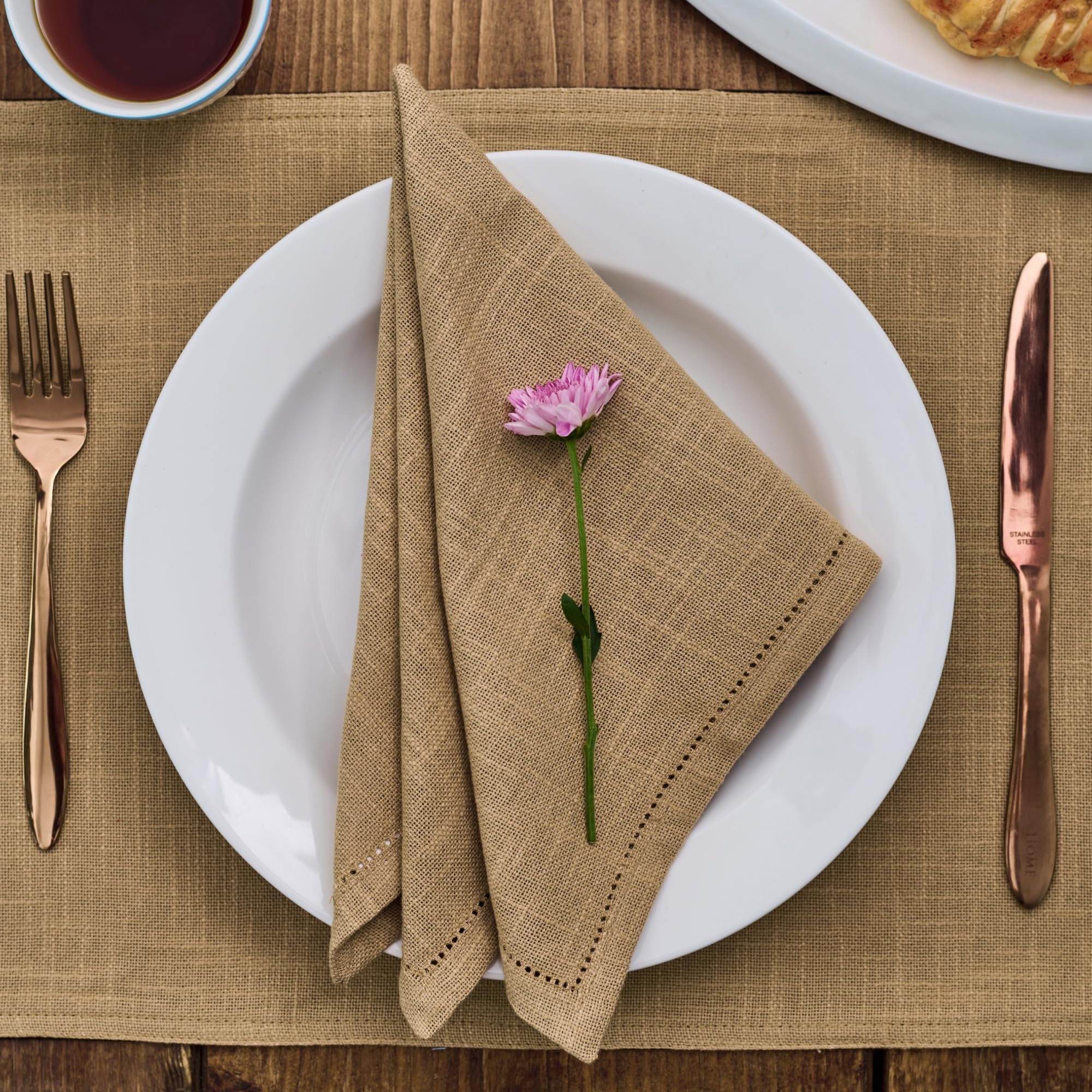RUSTIQUE LINENS Hemstitch Cloth Napkins Set of 6, 100% Cotton Dinner Napkins 18x18 Inch, Washable Fabric Table Napkins for Everyday Dining, Weddings, Thanksgiving & Christmas, Sand — image 1