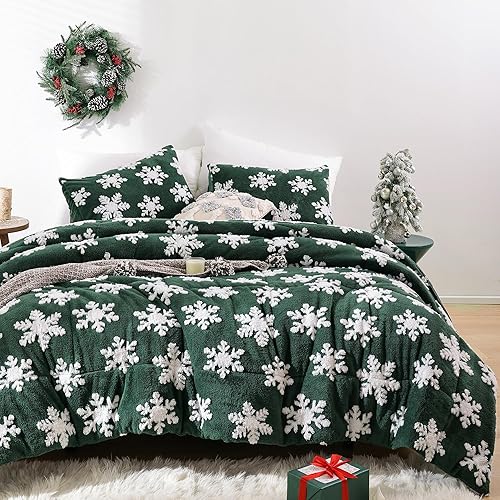 JANZAA Funda de edredón de Navidad, tamaño Queen, color verde esmeralda, con copos de nieve blancos, estereoscópica, 3 piezas con cierre de