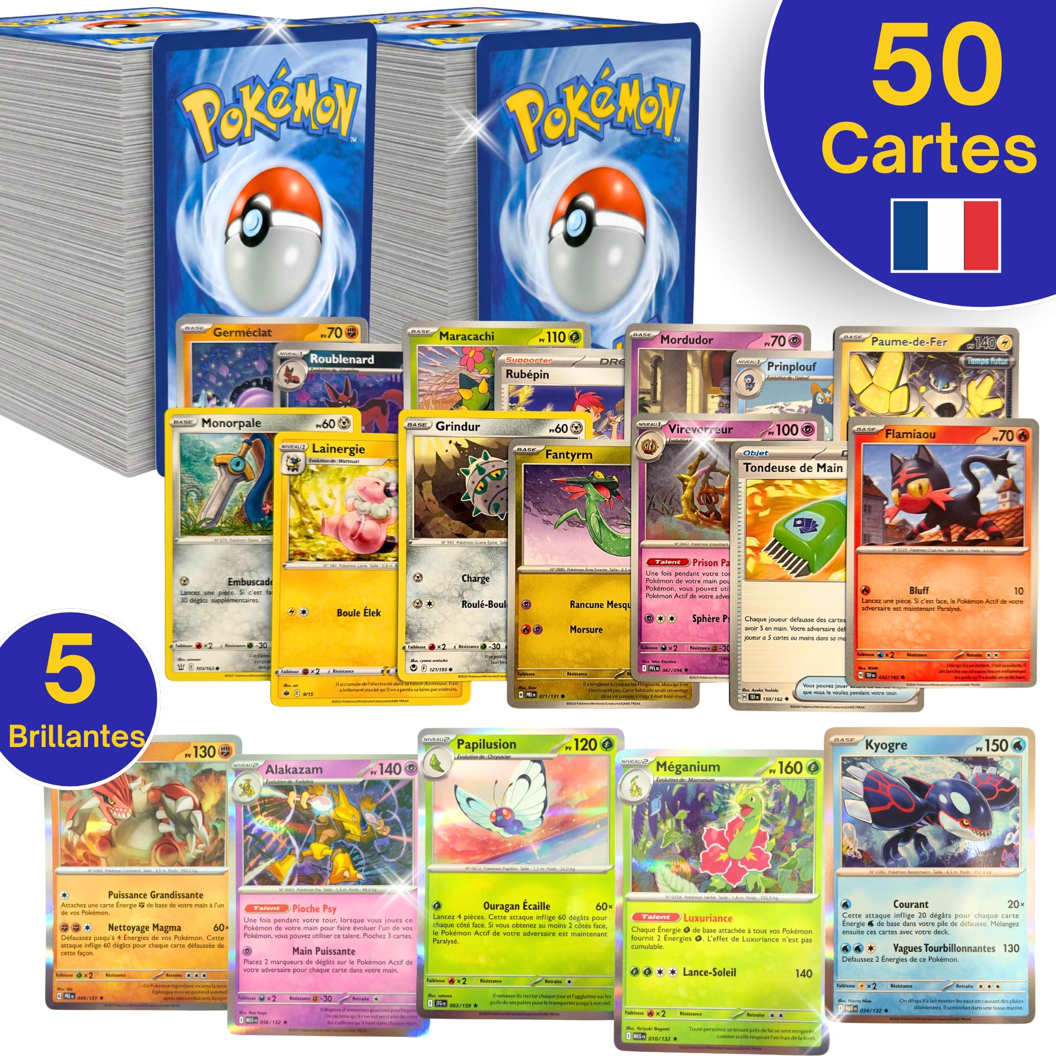 Pack of 50 Official Pokémon Cards in French - 5 Shiny Cards Included - 45 Common Cards - Authentic Cards - Random Pack for Collection and Gift
